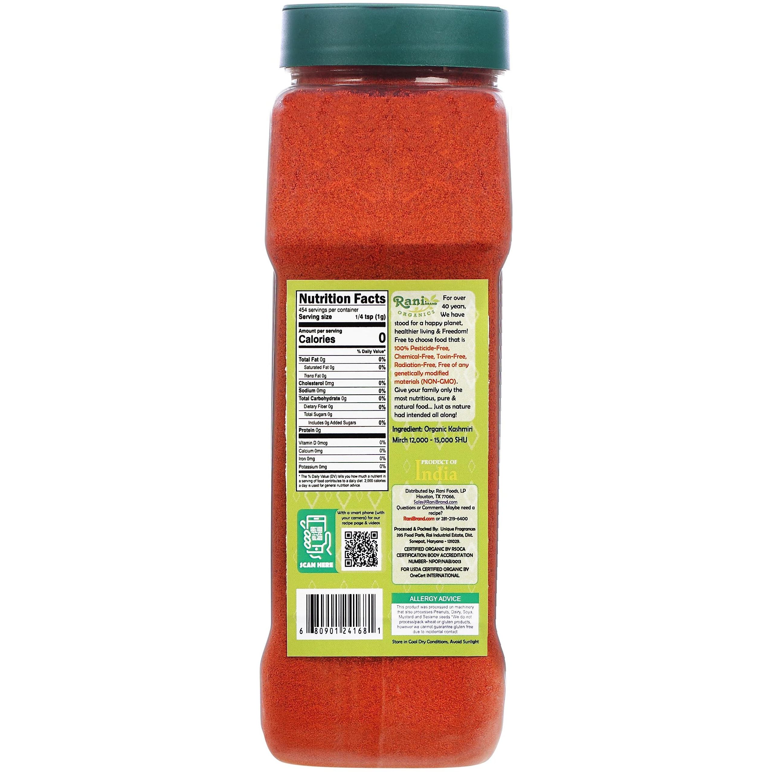 Rani Organic Kashmiri Chilli Powder (Deggi Mirch, Low Heat) 16oz (1lb) 454g PET Jar ~ All Natural , Vegan , Gluten Friendly , NON-GMO , Indian Origin , USDA Certified Organic