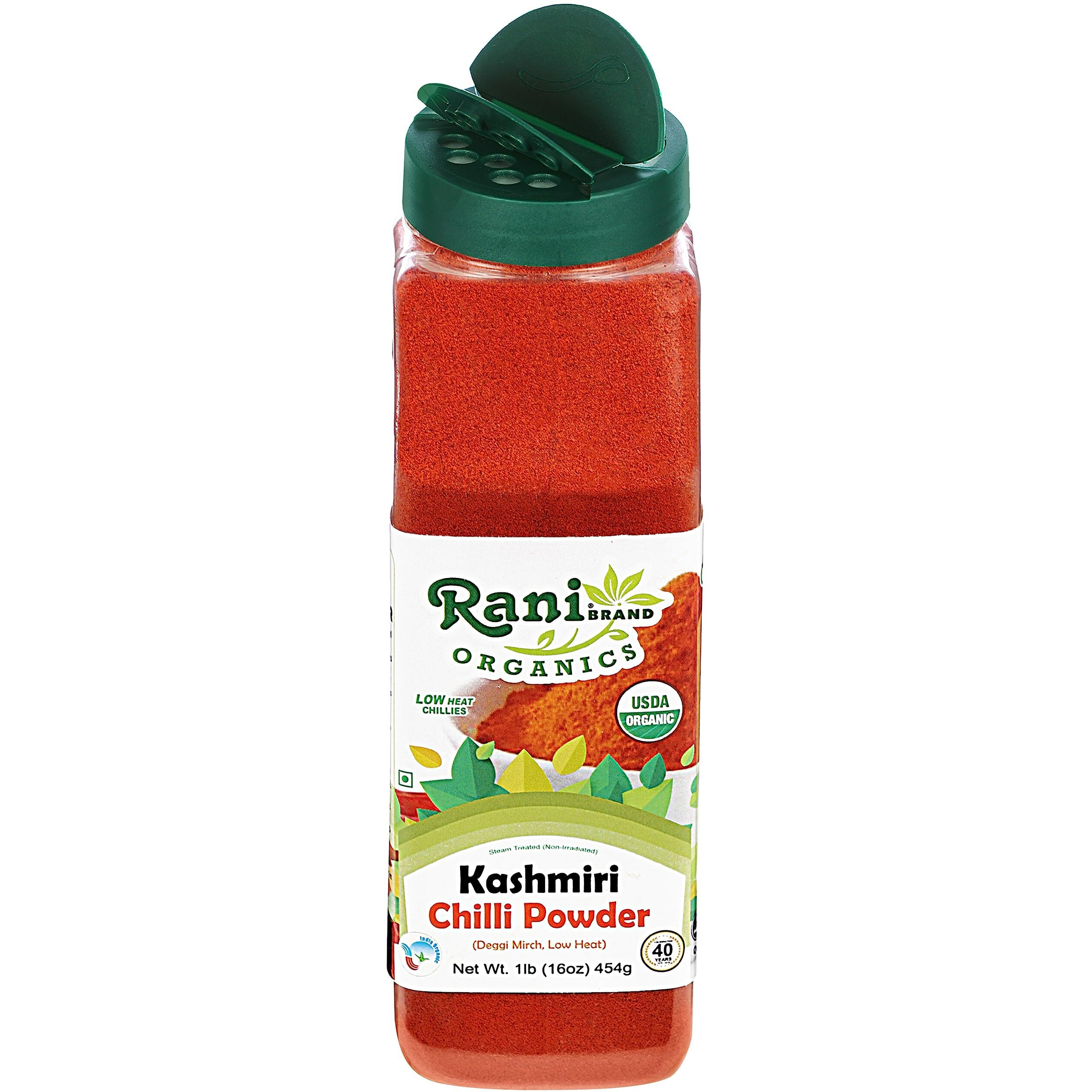 Rani Organic Kashmiri Chilli Powder (Deggi Mirch, Low Heat) 16oz (1lb) 454g PET Jar ~ All Natural , Vegan , Gluten Friendly , NON-GMO , Indian Origin , USDA Certified Organic