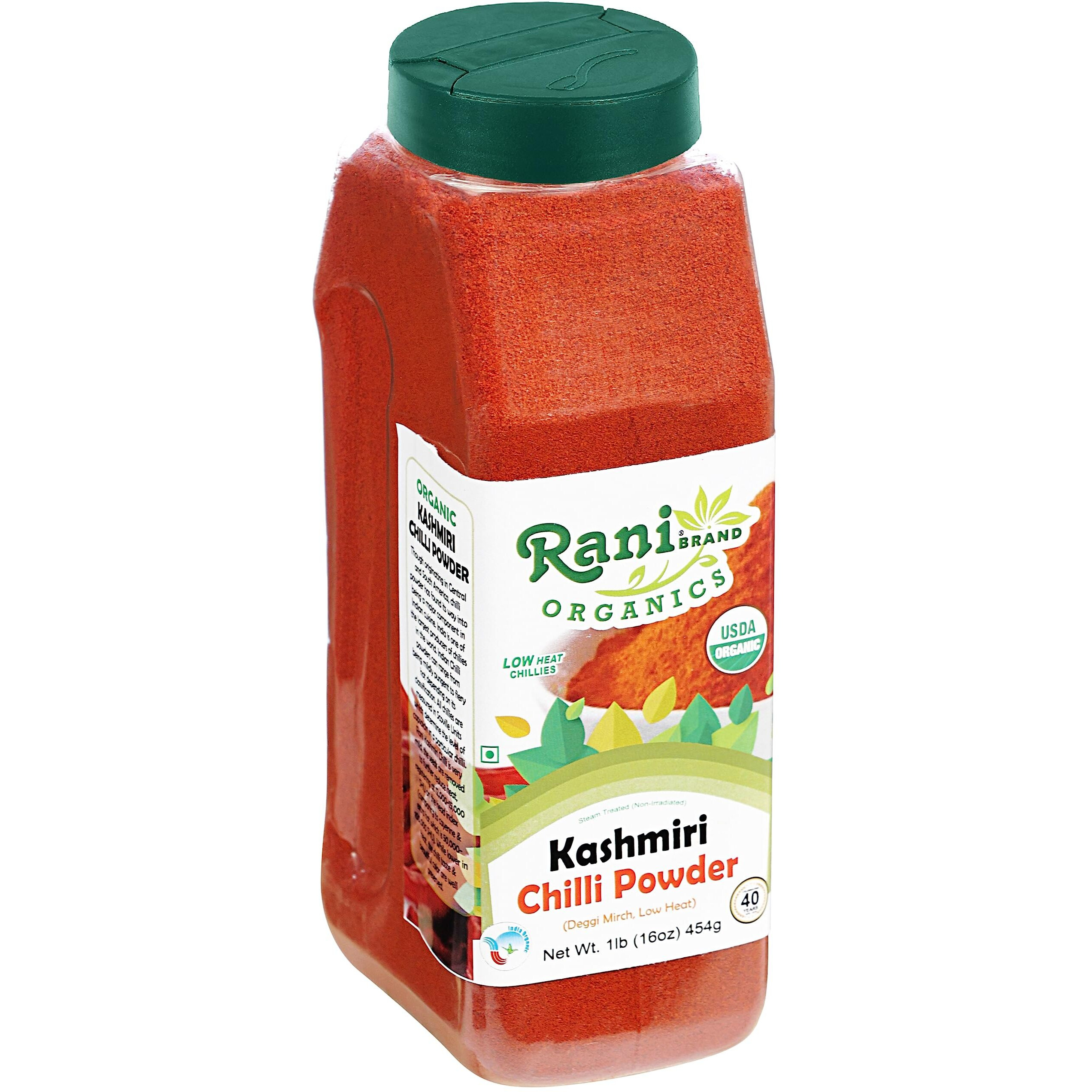 Rani Organic Kashmiri Chilli Powder (Deggi Mirch, Low Heat) 16oz (1lb) 454g PET Jar ~ All Natural , Vegan , Gluten Friendly , NON-GMO , Indian Origin , USDA Certified Organic