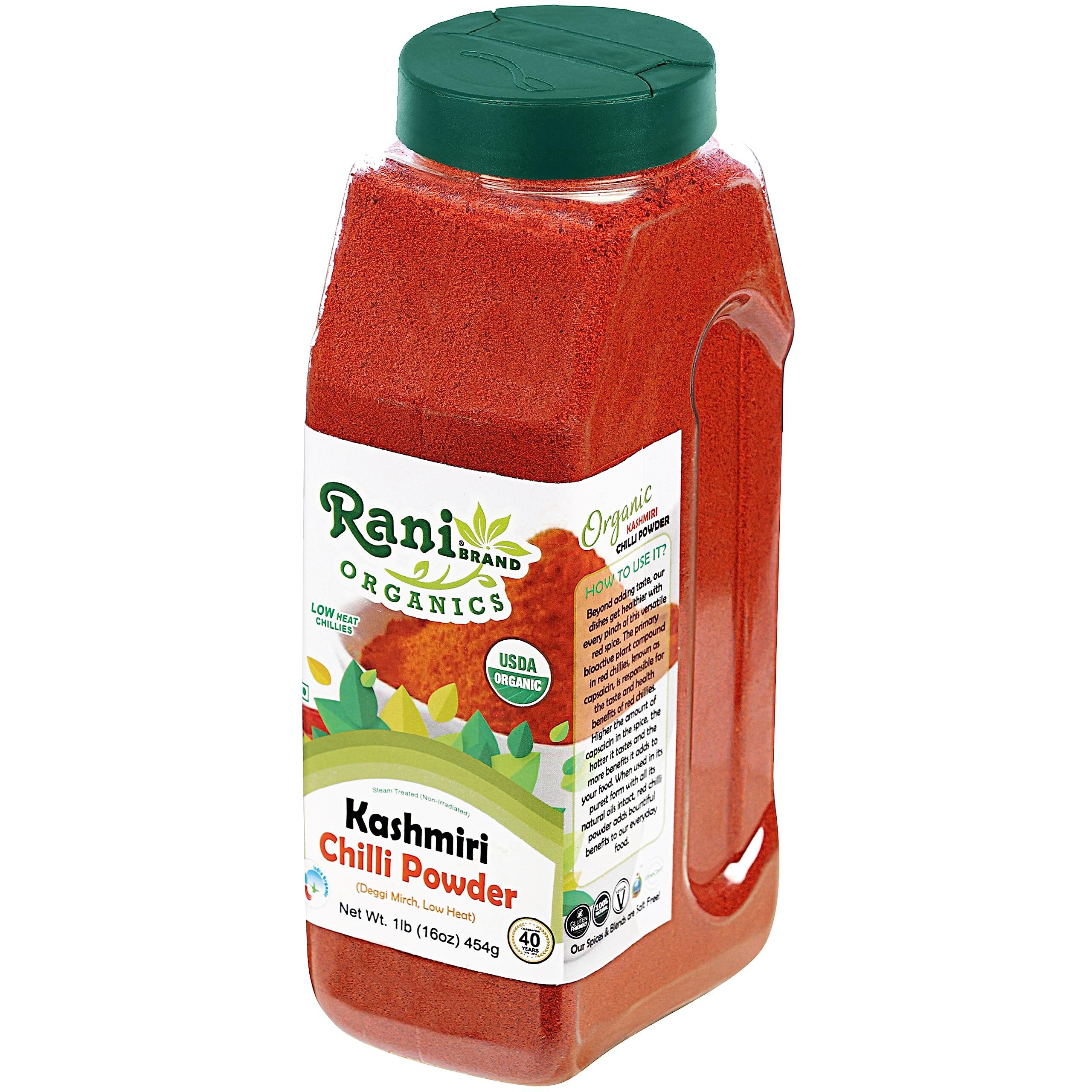 Rani Organic Kashmiri Chilli Powder (Deggi Mirch, Low Heat) 16oz (1lb) 454g PET Jar ~ All Natural , Vegan , Gluten Friendly , NON-GMO , Indian Origin , USDA Certified Organic