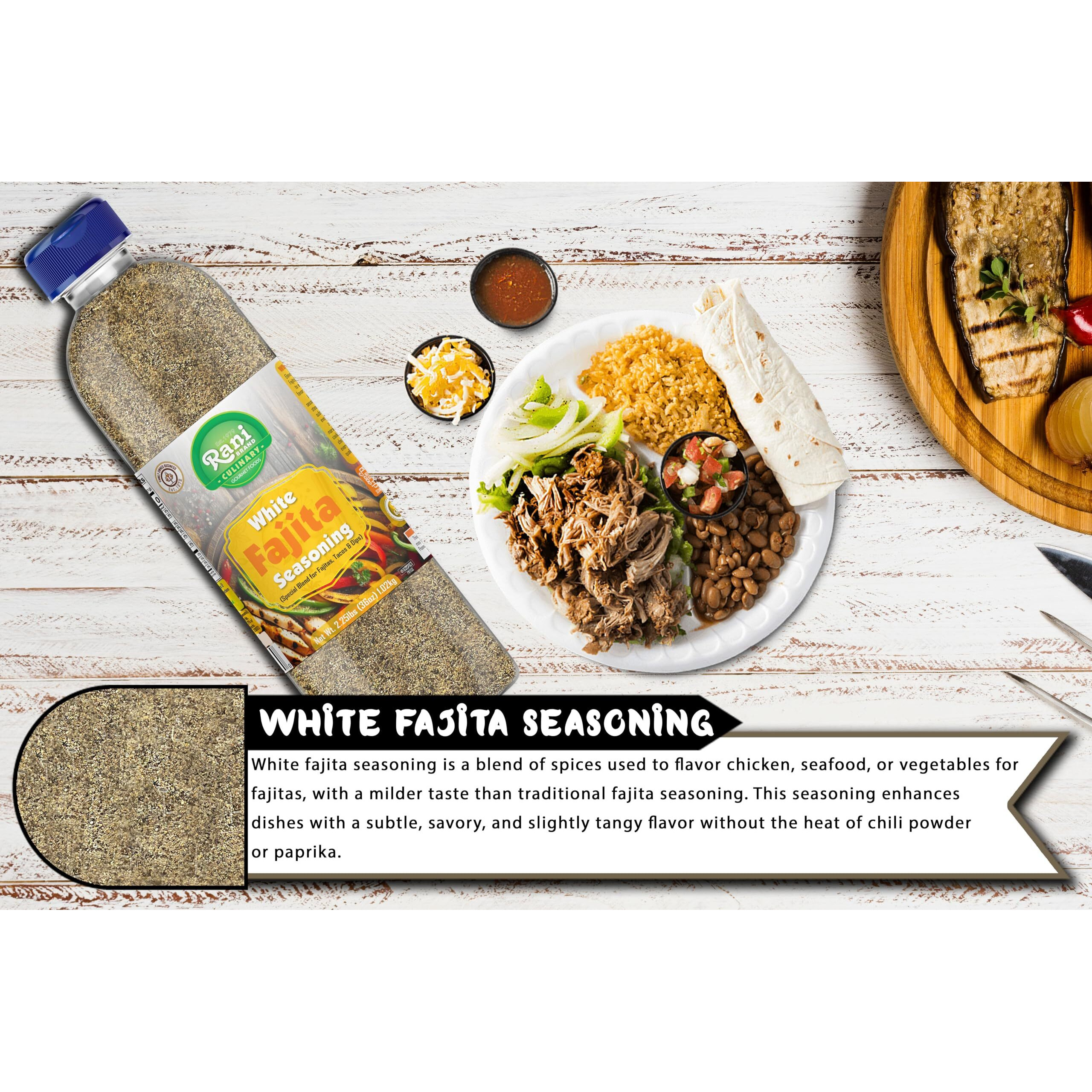 Rani White Fajita Seasoning (Special Blend for Fajitas, Tacos & Dips) 36oz (2.25lbs) 1.02kg PET Jar ~ All Natural, Gluten Friendly, NON-GMO, Kosher, Vegan, Indian Origin (Size 36oz (2.25lbs) 1.02kg)
