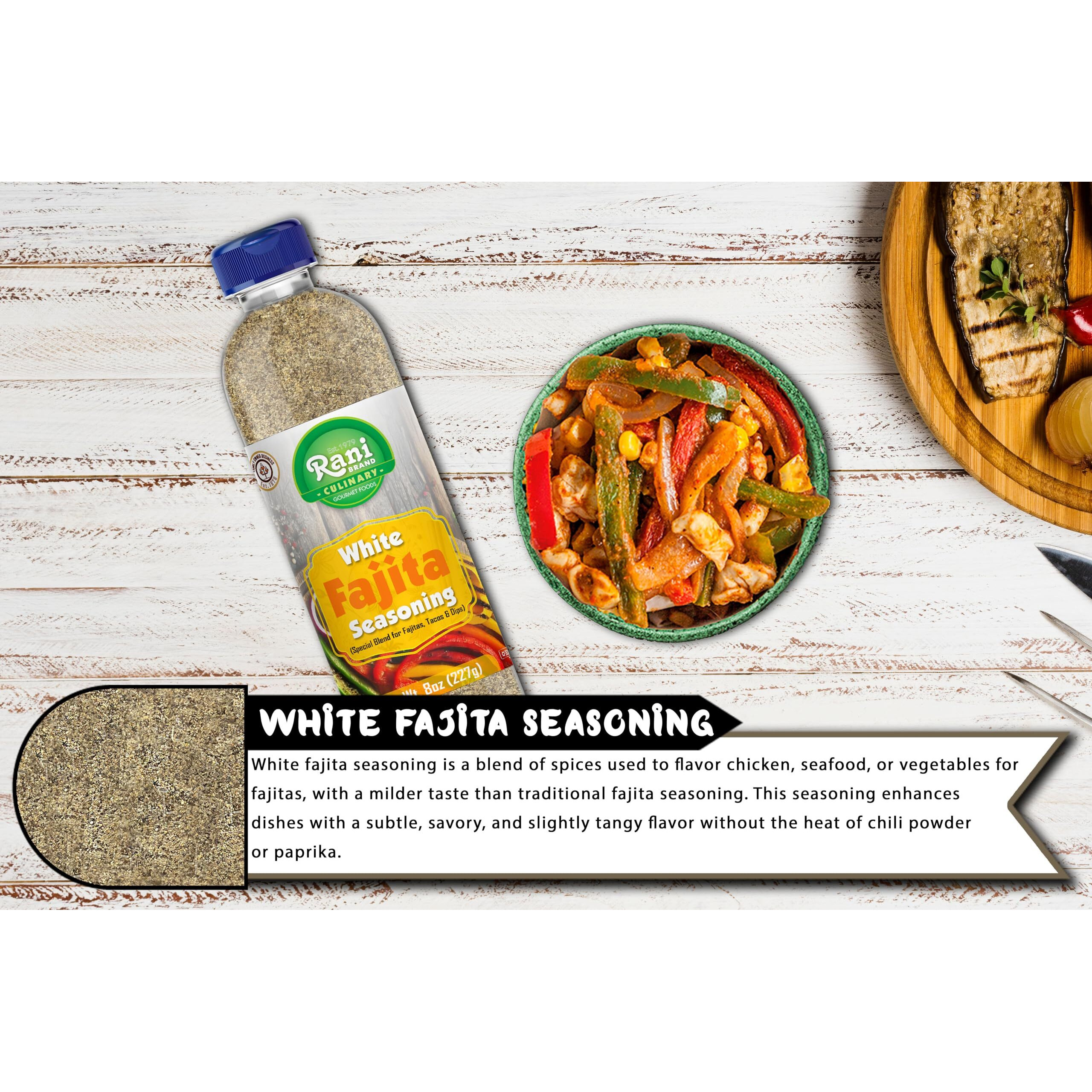 Rani White Fajita Seasoning (Special Blend for Fajitas, Tacos & Dips) 8oz (227g) PET Jar ~ All Natural, Gluten Friendly, NON-GMO, Kosher, Vegan, Indian Origin (Size 8oz (227g))