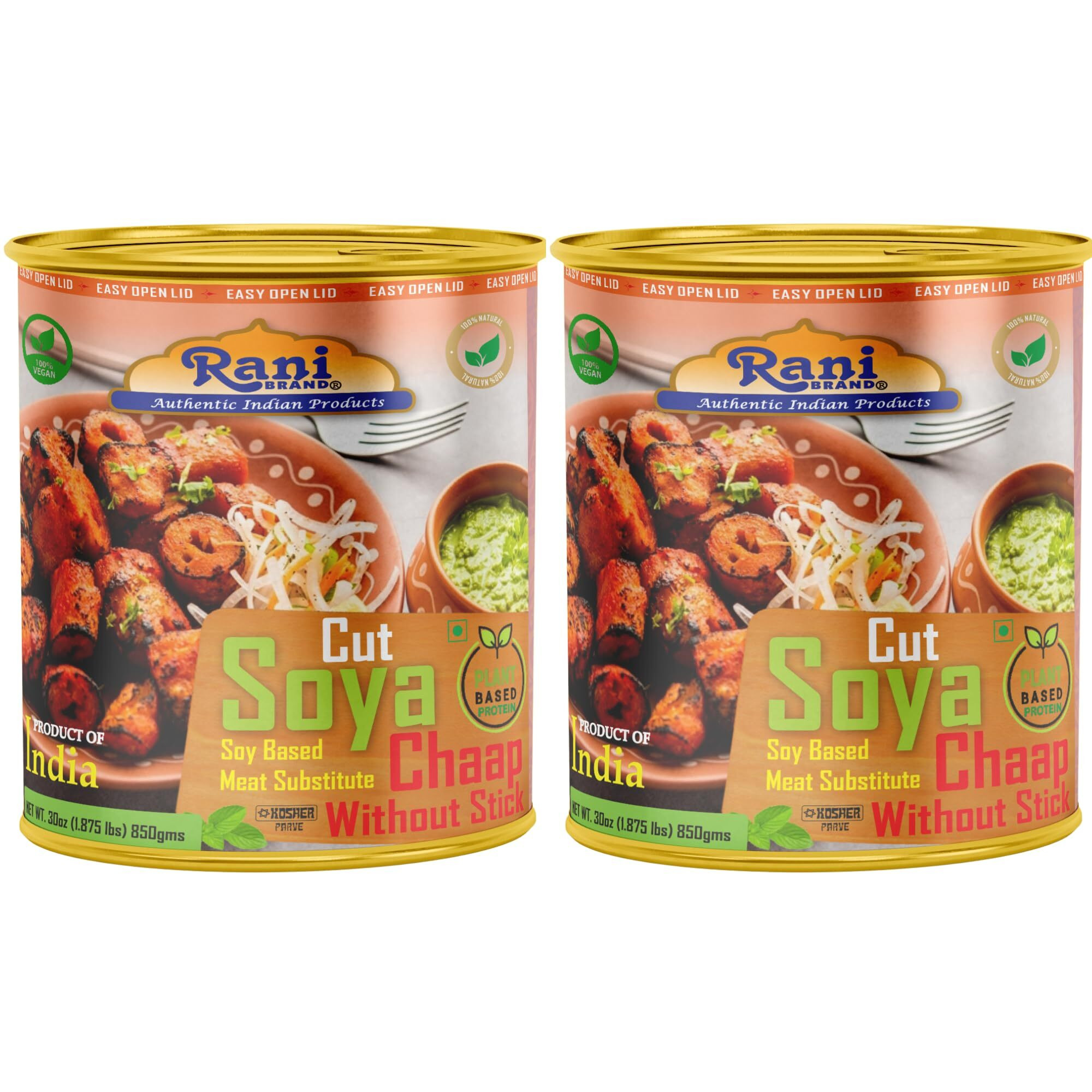 Rani Cut Soya Chaap Whitout Stick (Plant Based Protein) 30oz (1.875lbs) 850g, Pack of 2 ~ Easy Open Lid, All Natural, Vegan, No Colors, NON-GMO, Kosher, Indian Origin, Soy Based Meat Substitute