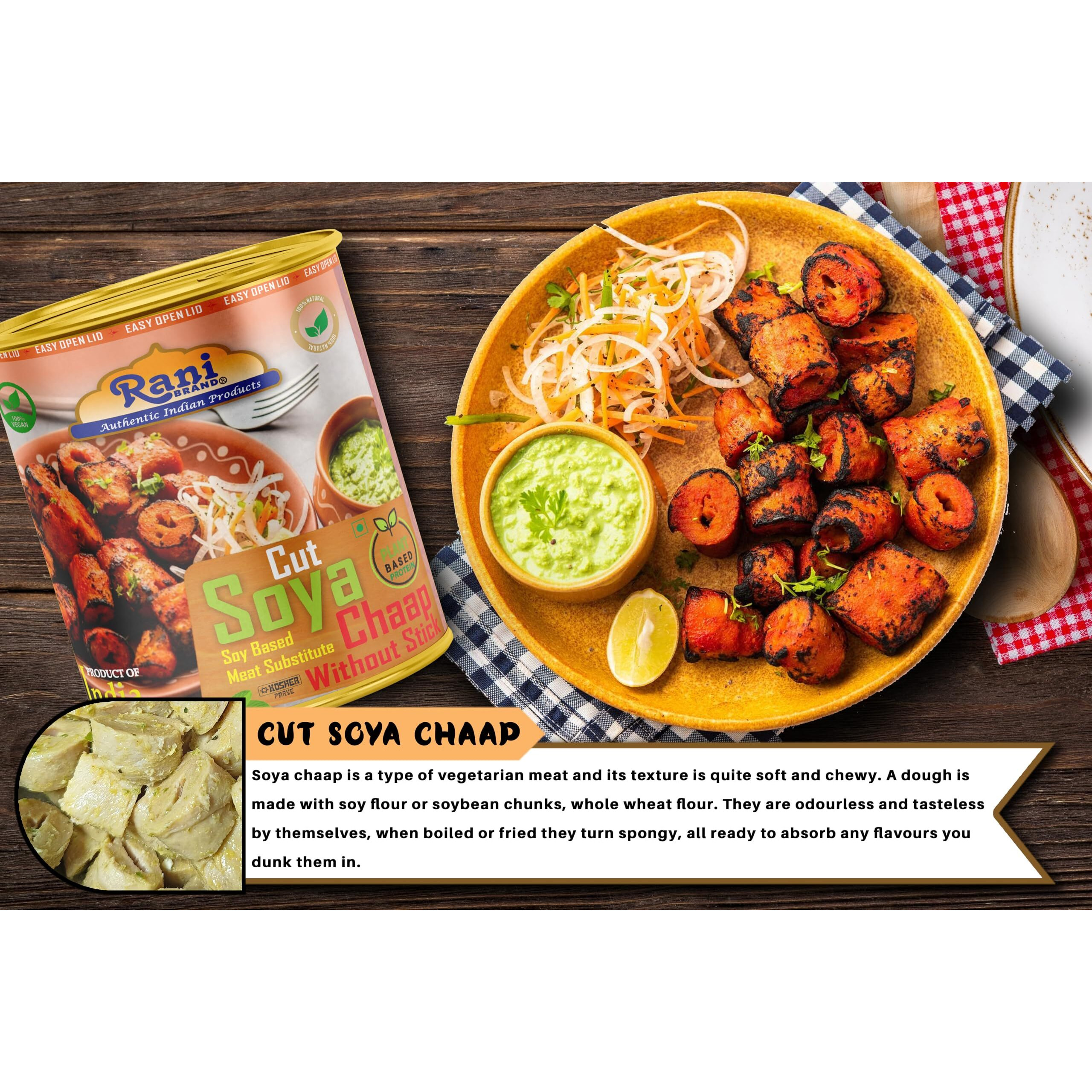 Rani Cut Soya Chaap Whitout Stick (Plant Based Protein) 30oz (1.875lbs) 850g, Pack of 2 ~ Easy Open Lid, All Natural, Vegan, No Colors, NON-GMO, Kosher, Indian Origin, Soy Based Meat Substitute