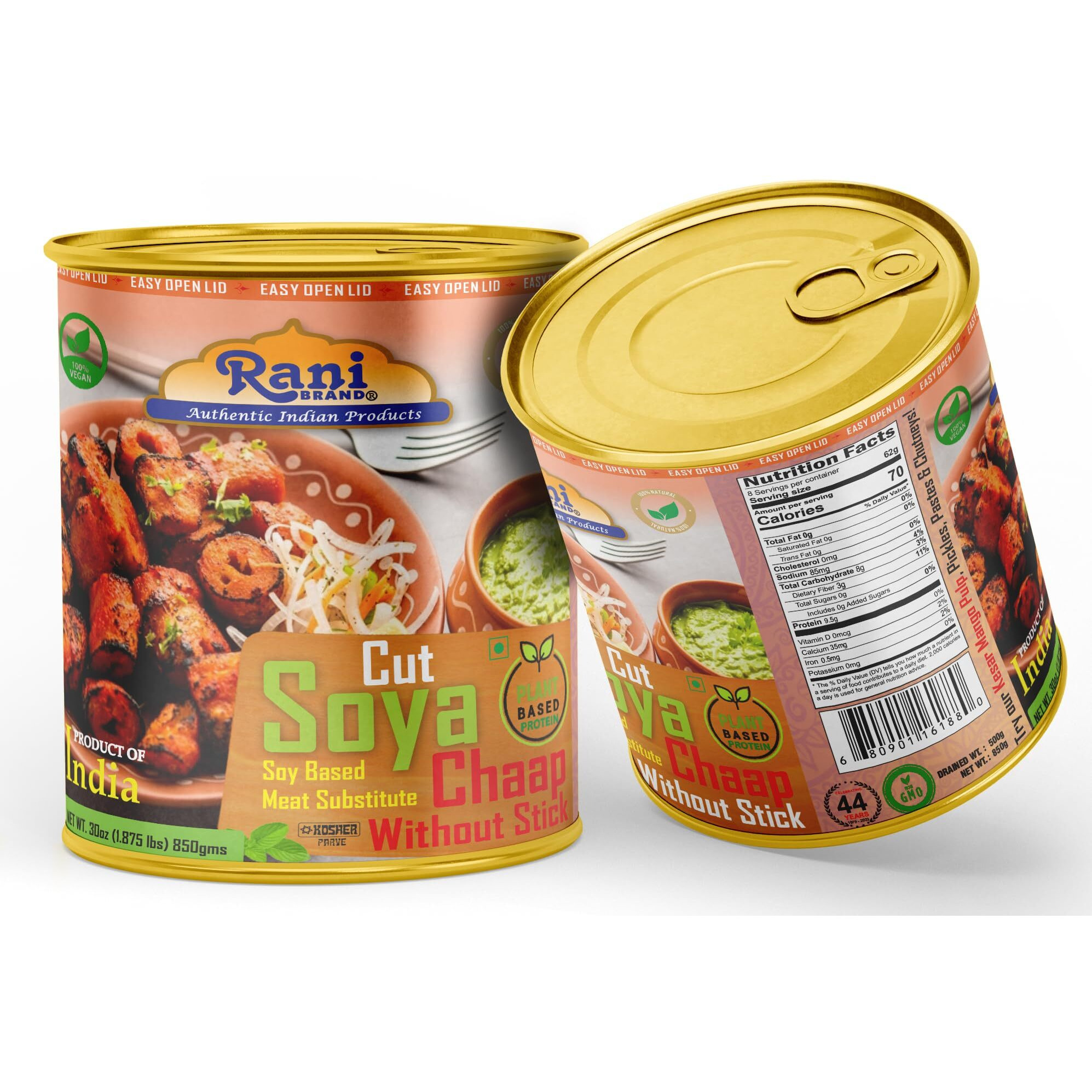 Rani Cut Soya Chaap Whitout Stick (Plant Based Protein) 30oz (1.875lbs) 850g, Pack of 2 ~ Easy Open Lid, All Natural, Vegan, No Colors, NON-GMO, Kosher, Indian Origin, Soy Based Meat Substitute