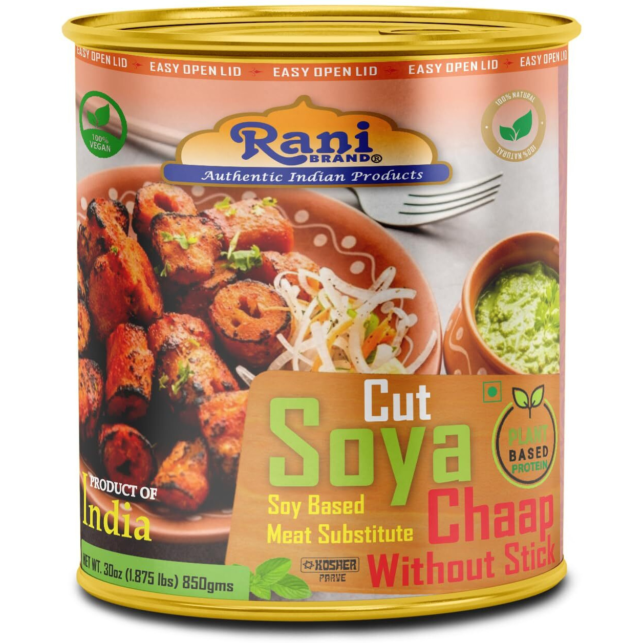 Rani Cut Soya Chaap Whitout Stick (Plant Based Protein) 30oz (1.875lbs) 850g, Pack of 2 ~ Easy Open Lid, All Natural, Vegan, No Colors, NON-GMO, Kosher, Indian Origin, Soy Based Meat Substitute