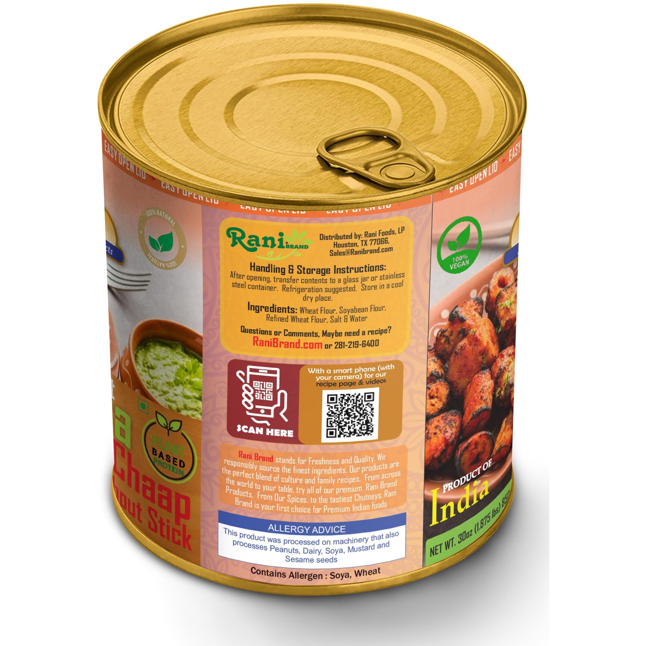 Rani Cut Soya Chaap Whitout Stick (Plant Based Protein) 30oz (1.875lbs) 850g, Pack of 6 ~ Easy Open Lid, All Natural, Vegan, No Colors, NON-GMO, Kosher, Indian Origin, Soy Based Meat Substitute