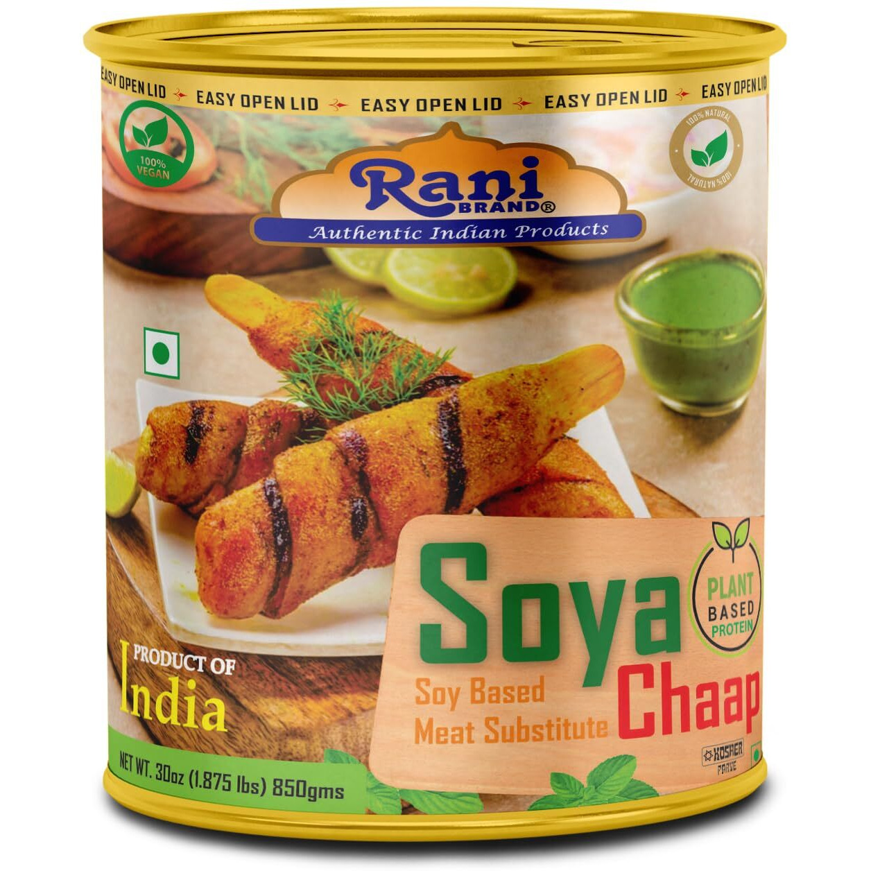 Rani Soya Chaap (Plant Based Protein) 30oz (1.875lbs) 850g ~ Easy Open Lid, All Natural, Vegan, No Colors, NON-GMO, Kosher, Indian Origin, Soy Based Meat Substitute (Size 30oz (1.875lbs) 850g)