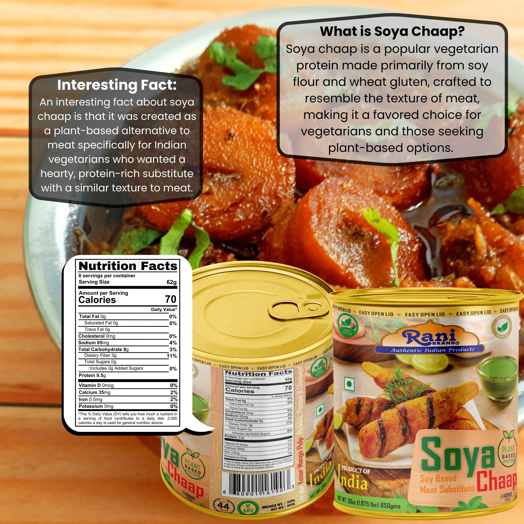 Rani Soya Chaap (Plant Based Protein) 30oz (1.875lbs) 850g ~ Easy Open Lid, All Natural, Vegan, No Colors, NON-GMO, Kosher, Indian Origin, Soy Based Meat Substitute (Size 30oz (1.875lbs) 850g)