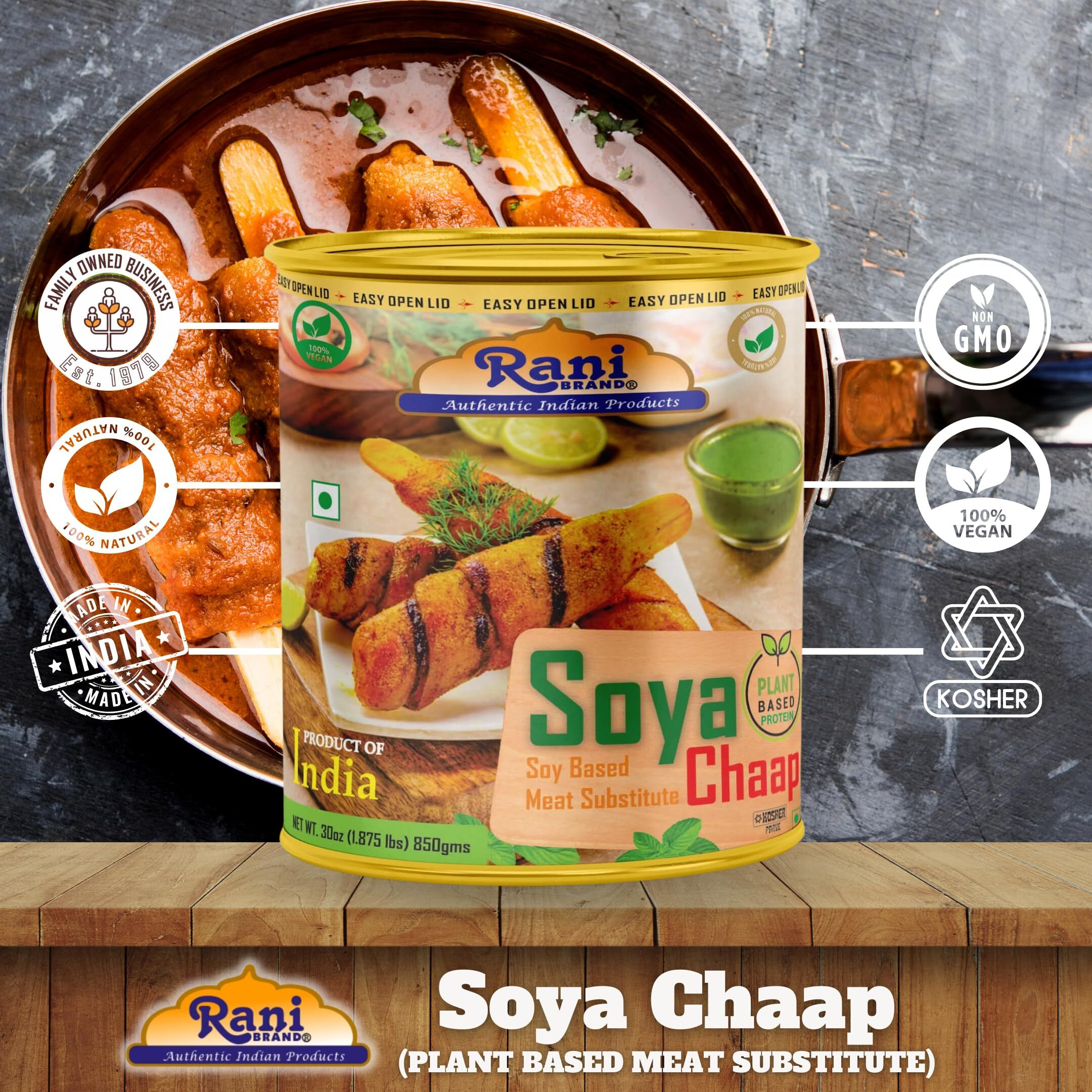 Rani Soya Chaap (Plant Based Protein) 30oz (1.875lbs) 850g ~ Easy Open Lid, All Natural, Vegan, No Colors, NON-GMO, Kosher, Indian Origin, Soy Based Meat Substitute (Size 30oz (1.875lbs) 850g)