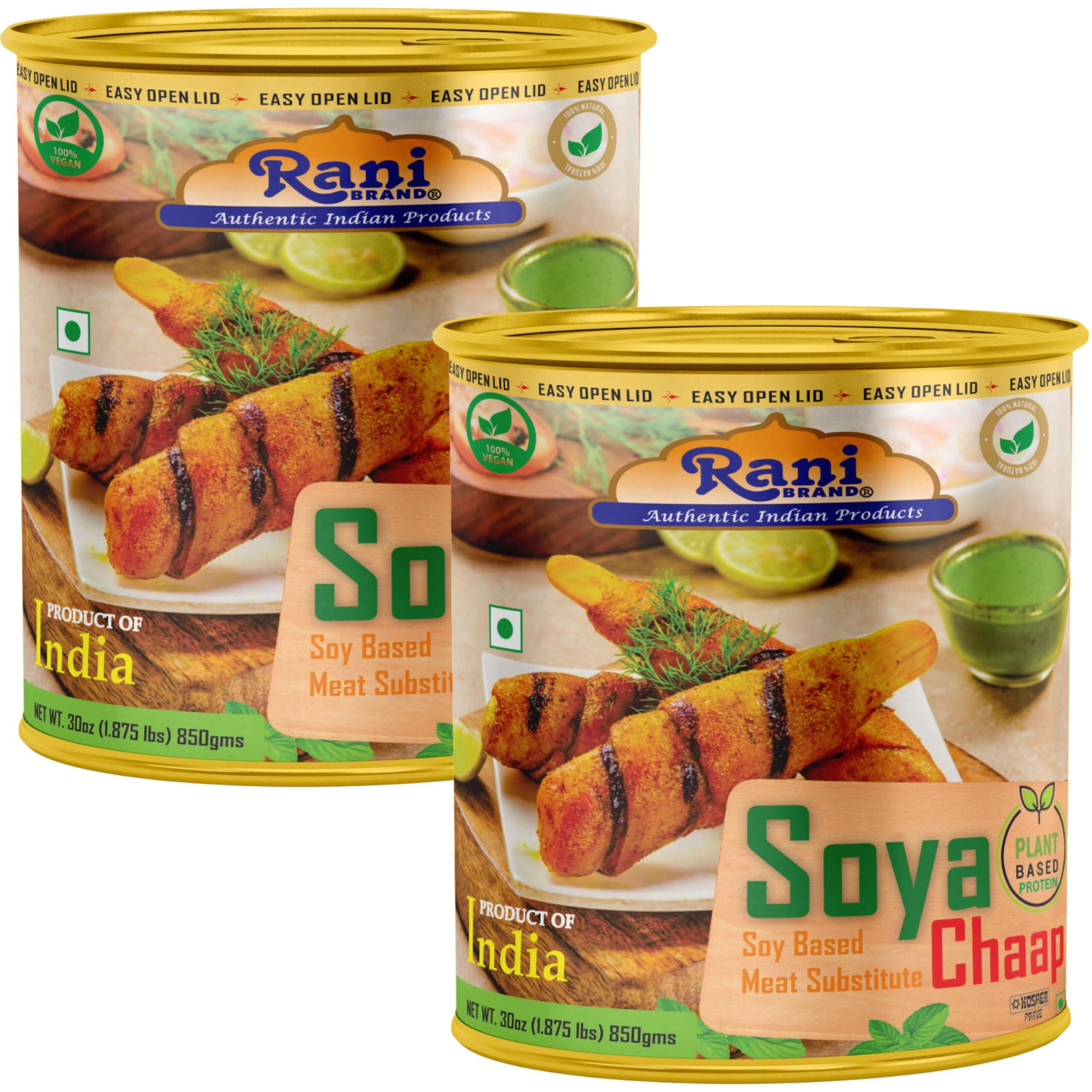 Rani Soya Chaap (Plant Based Protein) 30oz (1.875lbs) 850g, Pack of 2 ~ Easy Open Lid, All Natural, Vegan, No Colors, NON-GMO, Kosher, Indian Origin, Soy Based Meat Substitute (Size 30oz (1.875lbs) 850g)