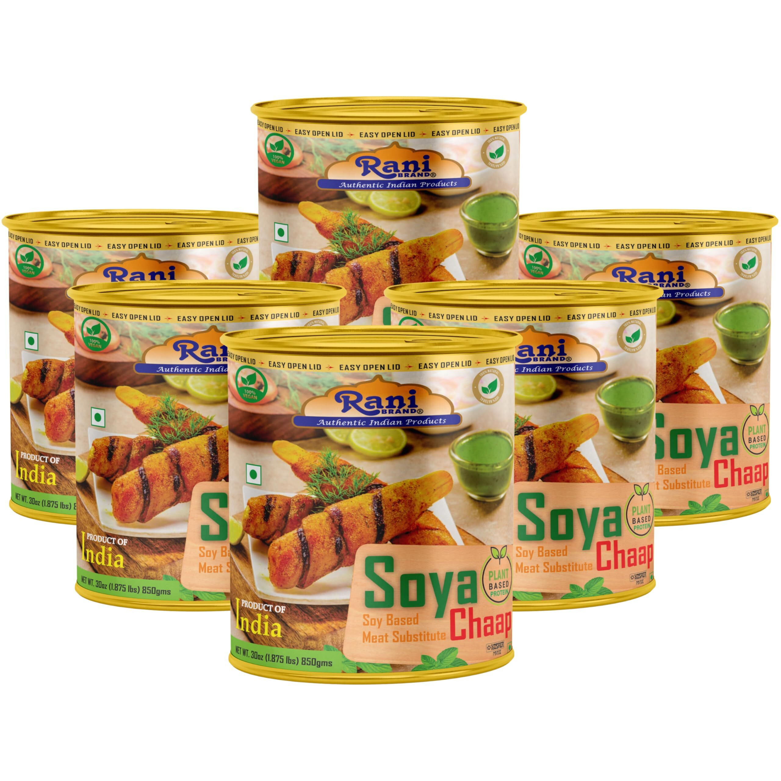 Rani Soya Chaap (Plant Based Protein) 30oz (1.875lbs) 850g, Pack of 6 ~ Easy Open Lid, All Natural, Vegan, No Colors, NON-GMO, Kosher, Indian Origin, Soy Based Meat Substitute (Size 30oz (1.875lbs) 850g)