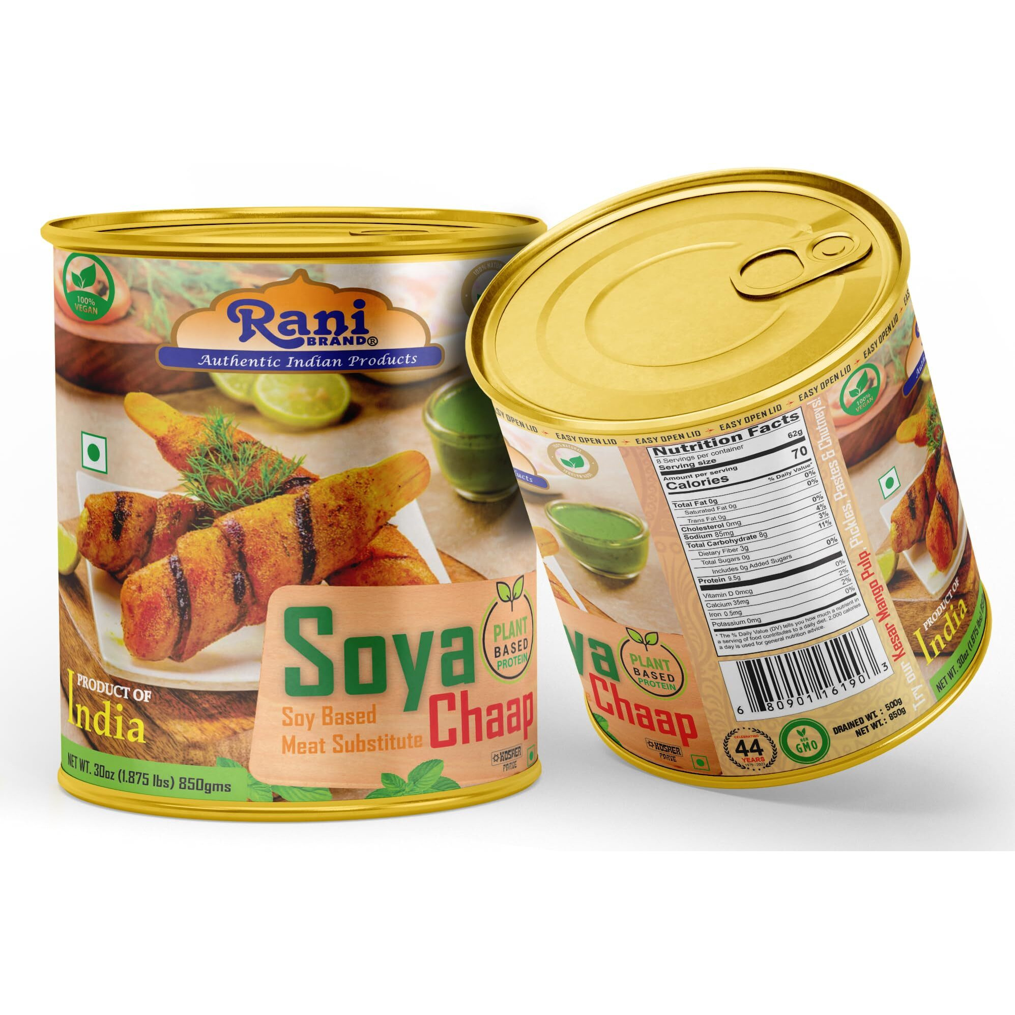 Rani Soya Chaap (Plant Based Protein) 30oz (1.875lbs) 850g, Pack of 6 ~ Easy Open Lid, All Natural, Vegan, No Colors, NON-GMO, Kosher, Indian Origin, Soy Based Meat Substitute (Size 30oz (1.875lbs) 850g)