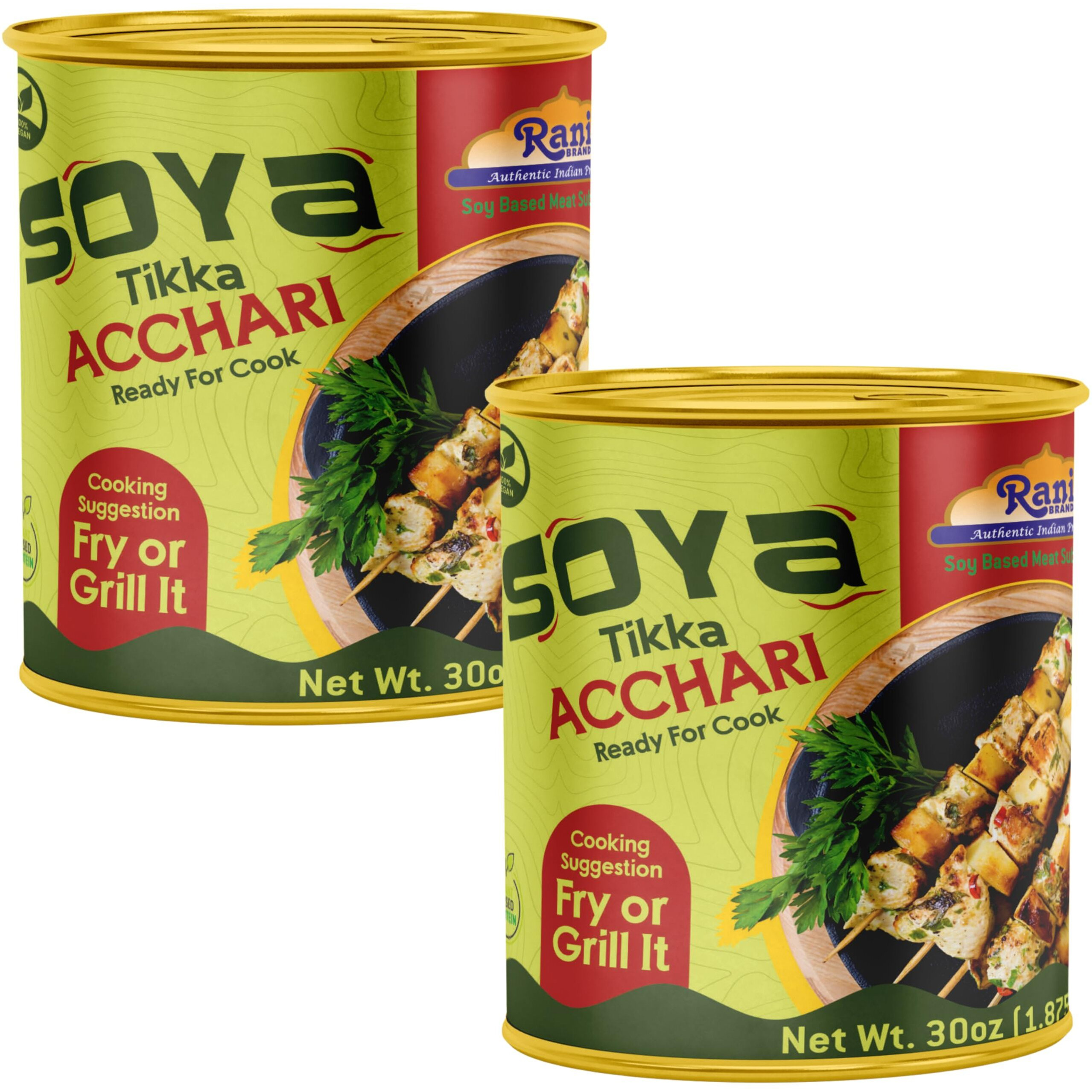 Rani Soya Tikka Achari 30oz (1.875lbs) 850g, Pack of 2, Ready for Cook ~ Easy Open Lid, All Natural, Vegan, No Colors, NON-GMO, Kosher, Indian Origin, Soy Based Meat Substitute (Size 30oz (1.875lbs) 850g)