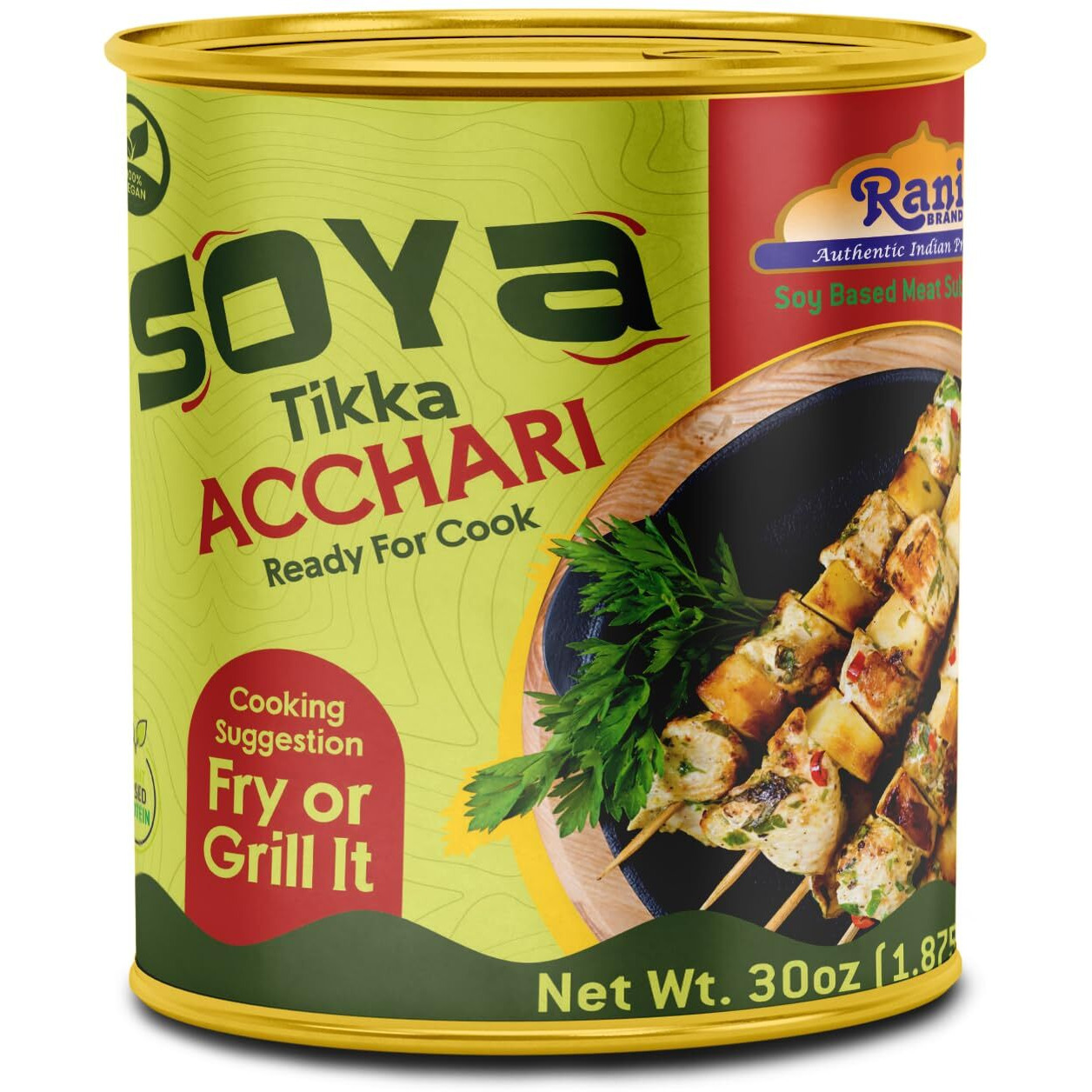 Rani Soya Tikka Achari 30oz (1.875lbs) 850g, Pack of 2, Ready for Cook ~ Easy Open Lid, All Natural, Vegan, No Colors, NON-GMO, Kosher, Indian Origin, Soy Based Meat Substitute (Size 30oz (1.875lbs) 850g)