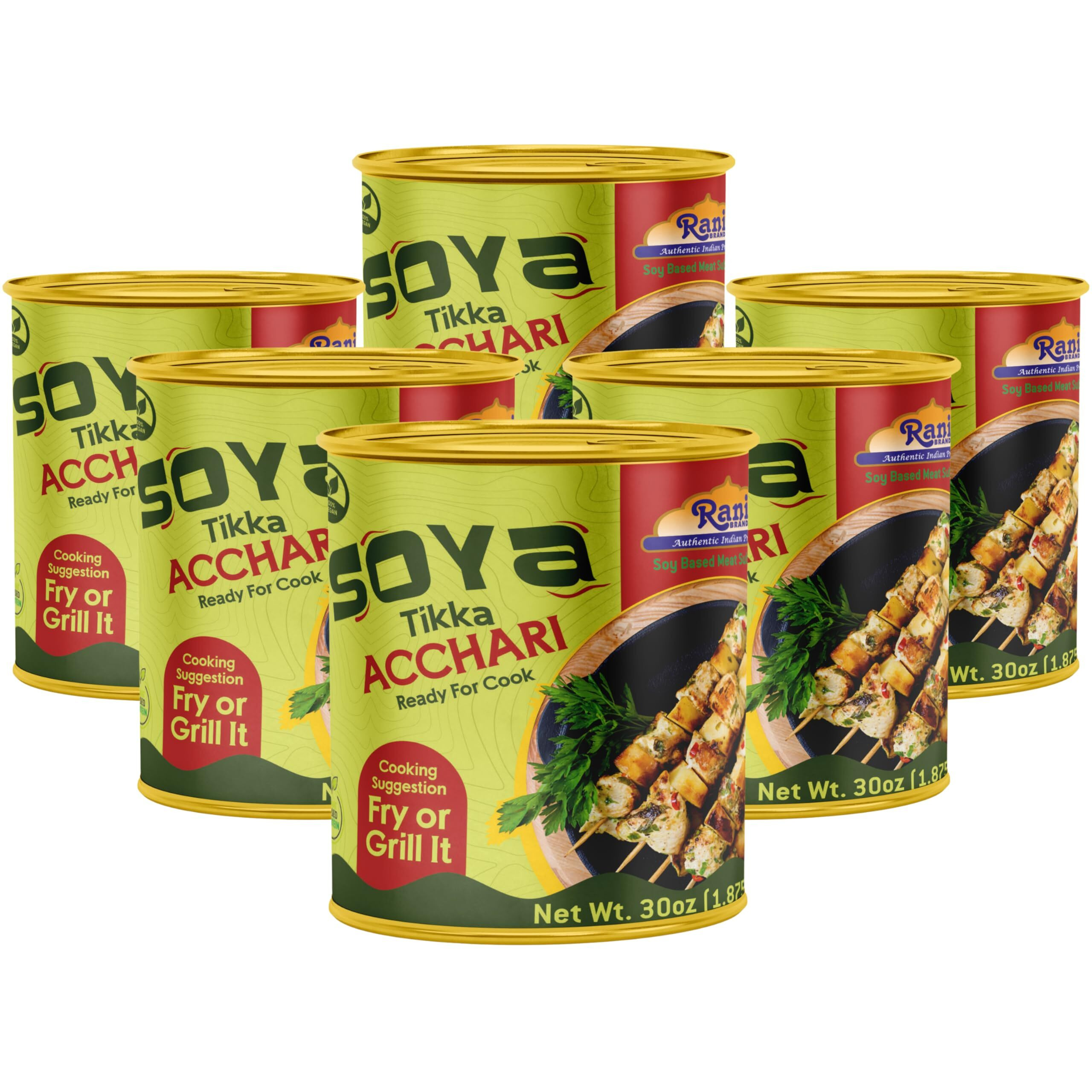 Rani Soya Tikka Achari 30oz (1.875lbs) 850g, Pack of 6, Ready for Cook ~ Easy Open Lid, All Natural, Vegan, No Colors, NON-GMO, Kosher, Indian Origin, Soy Based Meat Substitute (Size 30oz (1.875lbs) 850g)
