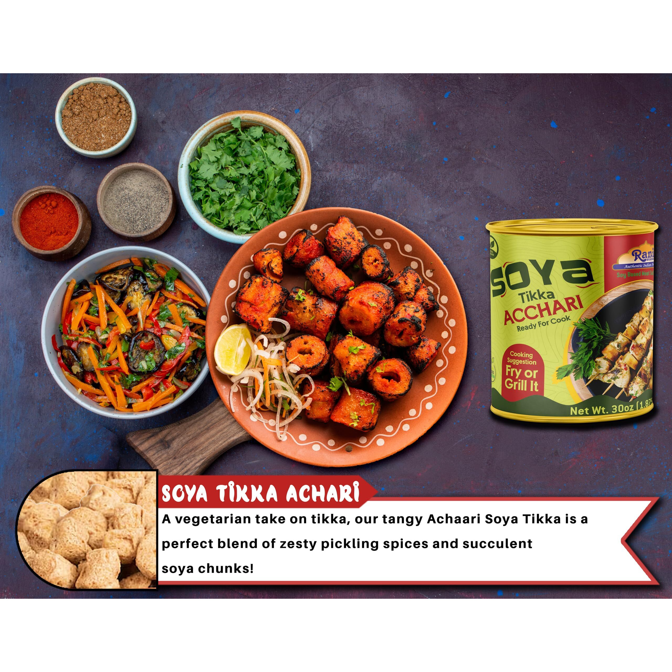 Rani Soya Tikka Achari 30oz (1.875lbs) 850g, Pack of 6, Ready for Cook ~ Easy Open Lid, All Natural, Vegan, No Colors, NON-GMO, Kosher, Indian Origin, Soy Based Meat Substitute (Size 30oz (1.875lbs) 850g)