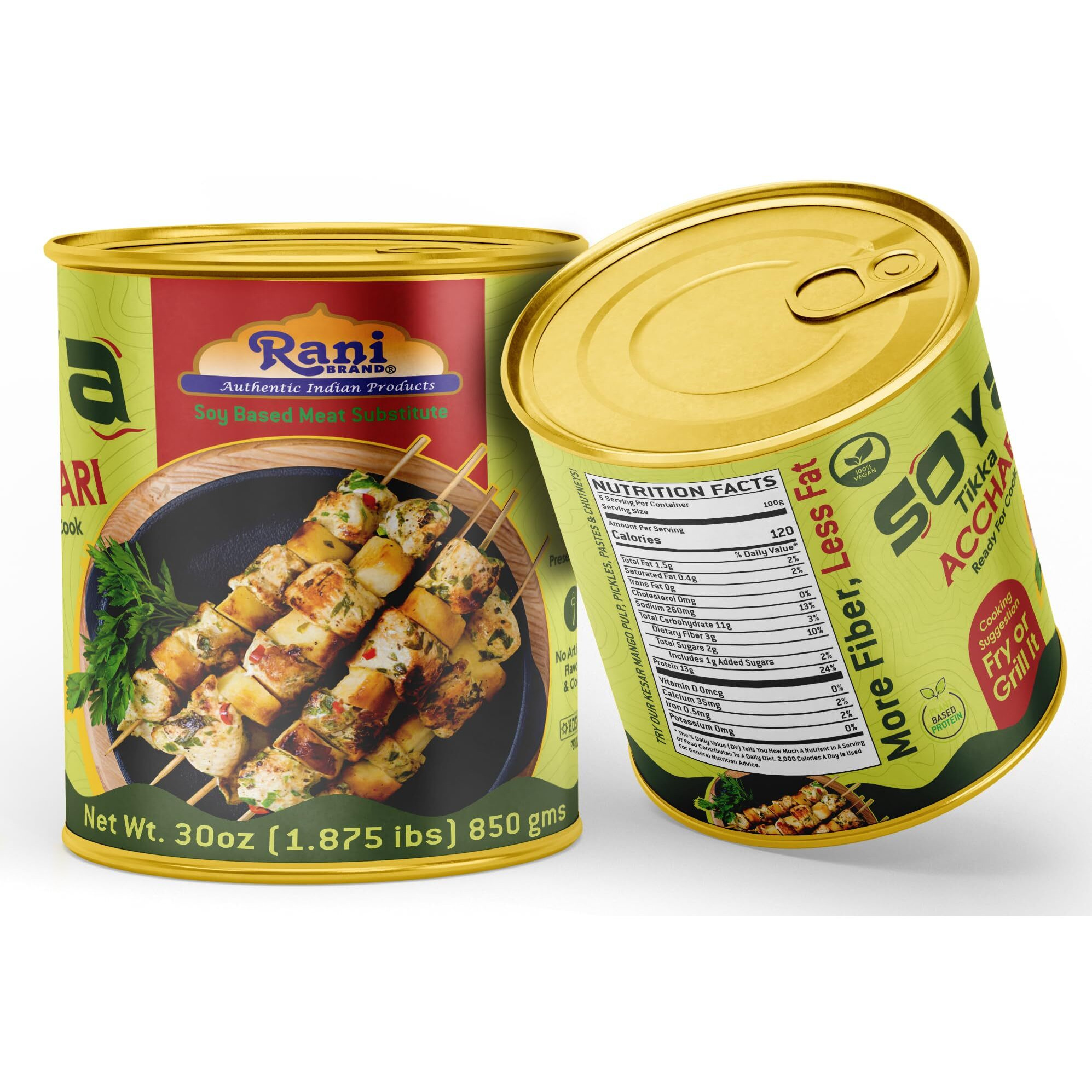 Rani Soya Tikka Achari 30oz (1.875lbs) 850g, Pack of 6, Ready for Cook ~ Easy Open Lid, All Natural, Vegan, No Colors, NON-GMO, Kosher, Indian Origin, Soy Based Meat Substitute (Size 30oz (1.875lbs) 850g)