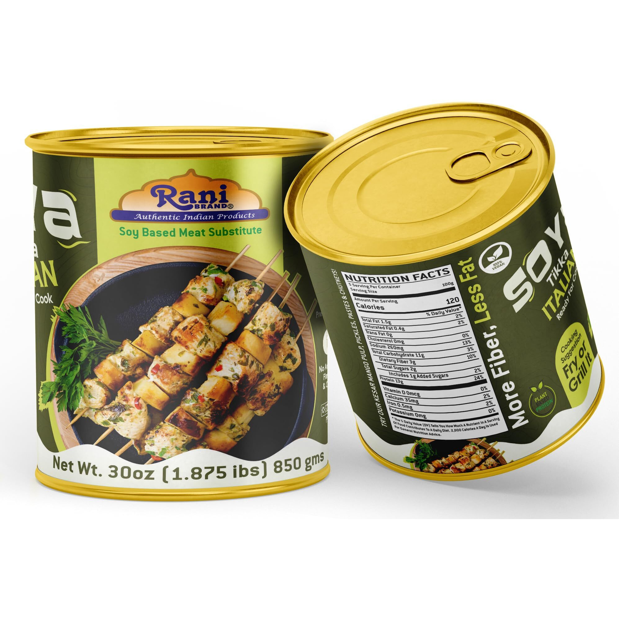 Rani Soya Tikka Italian 30oz (1.875lbs) 850g, Pack of 2, Ready for Cook ~ Easy Open Lid, All Natural, Vegan, No Colors, NON-GMO, Kosher, Indian Origin, Soy Based Meat Substitute (Size 30oz (1.875lbs) 850g)