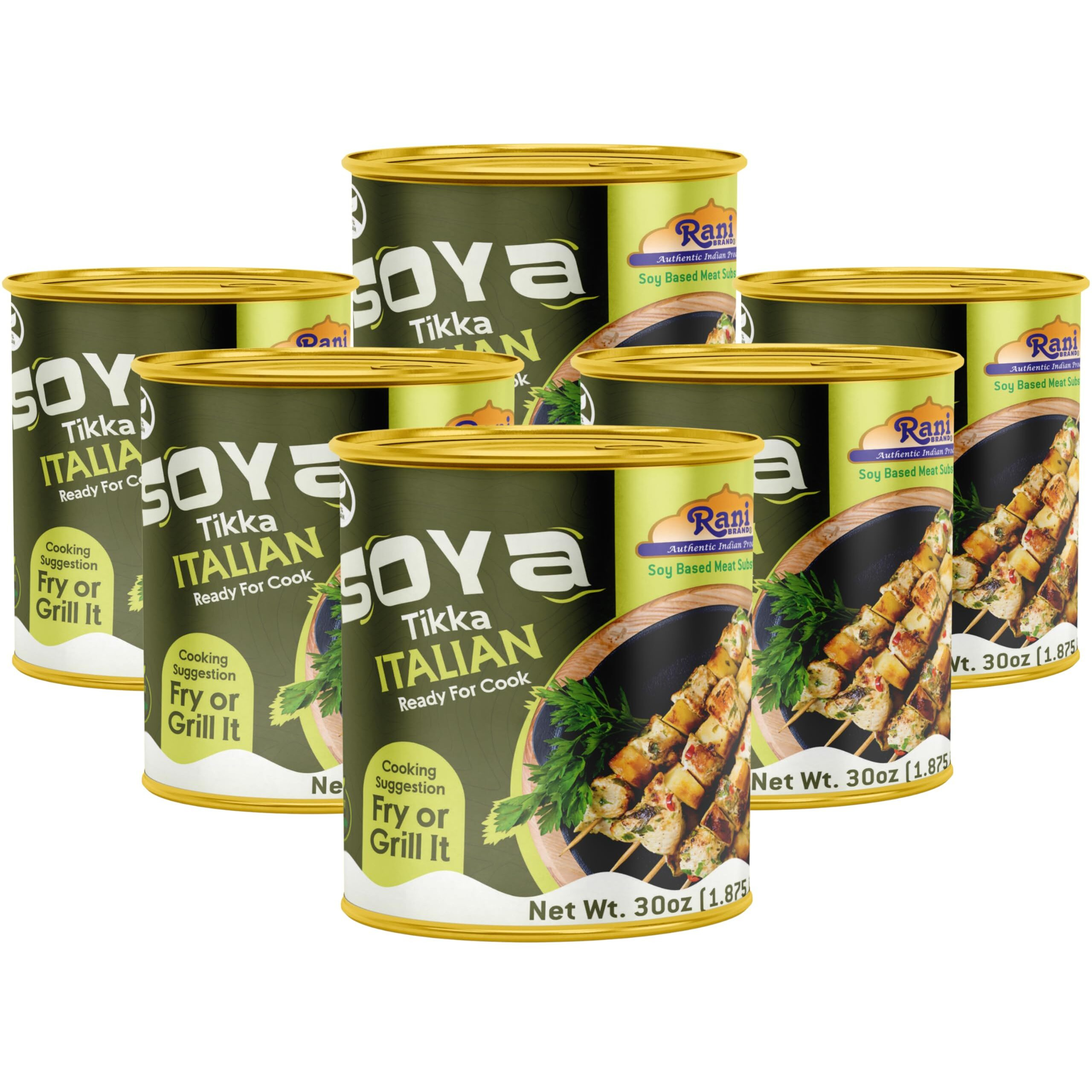 Rani Soya Tikka Italian 30oz (1.875lbs) 850g, Pack of 6, Ready for Cook ~ Easy Open Lid, All Natural, Vegan, No Colors, NON-GMO, Kosher, Indian Origin, Soy Based Meat Substitute (Size 30oz (1.875lbs) 850g)