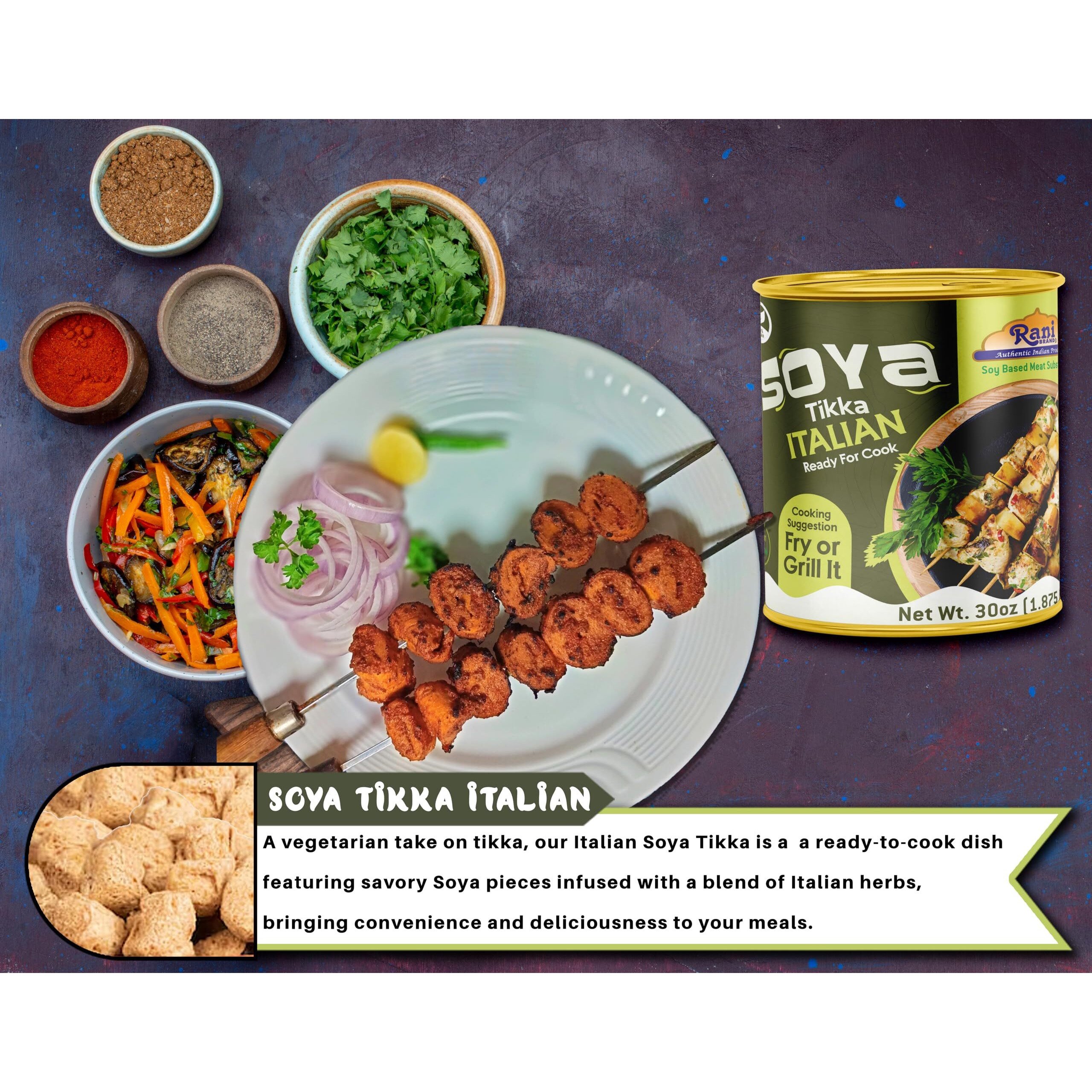 Rani Soya Tikka Italian 30oz (1.875lbs) 850g, Pack of 6, Ready for Cook ~ Easy Open Lid, All Natural, Vegan, No Colors, NON-GMO, Kosher, Indian Origin, Soy Based Meat Substitute (Size 30oz (1.875lbs) 850g)
