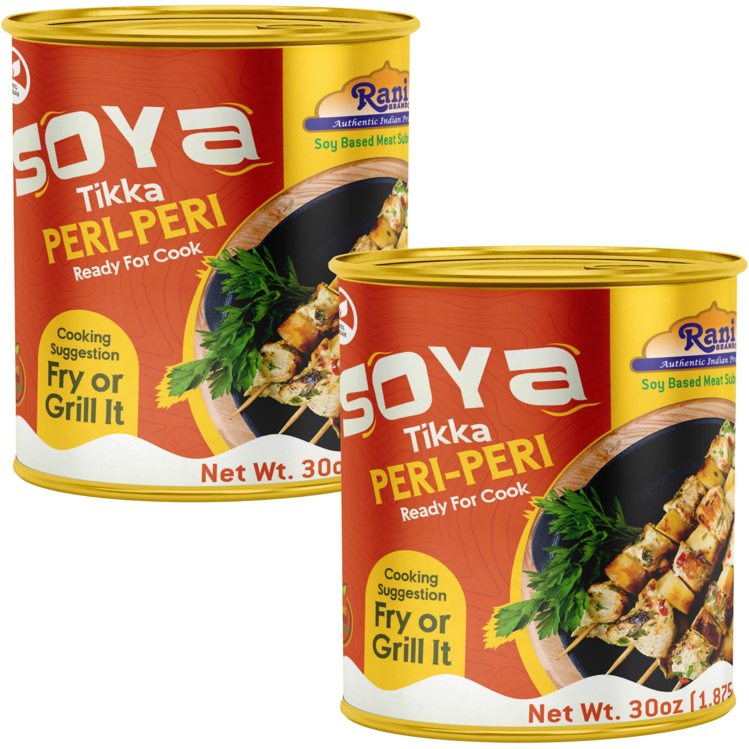 Rani Soya Tikka Peri-Peri 30oz (1.875lbs) 850g, Pack of 2, Ready for Cook ~ Easy Open Lid, All Natural, Vegan, No Colors, NON-GMO, Kosher, Indian Origin, Soy Based Meat Substitute (Size 30oz (1.875lbs) 850g)