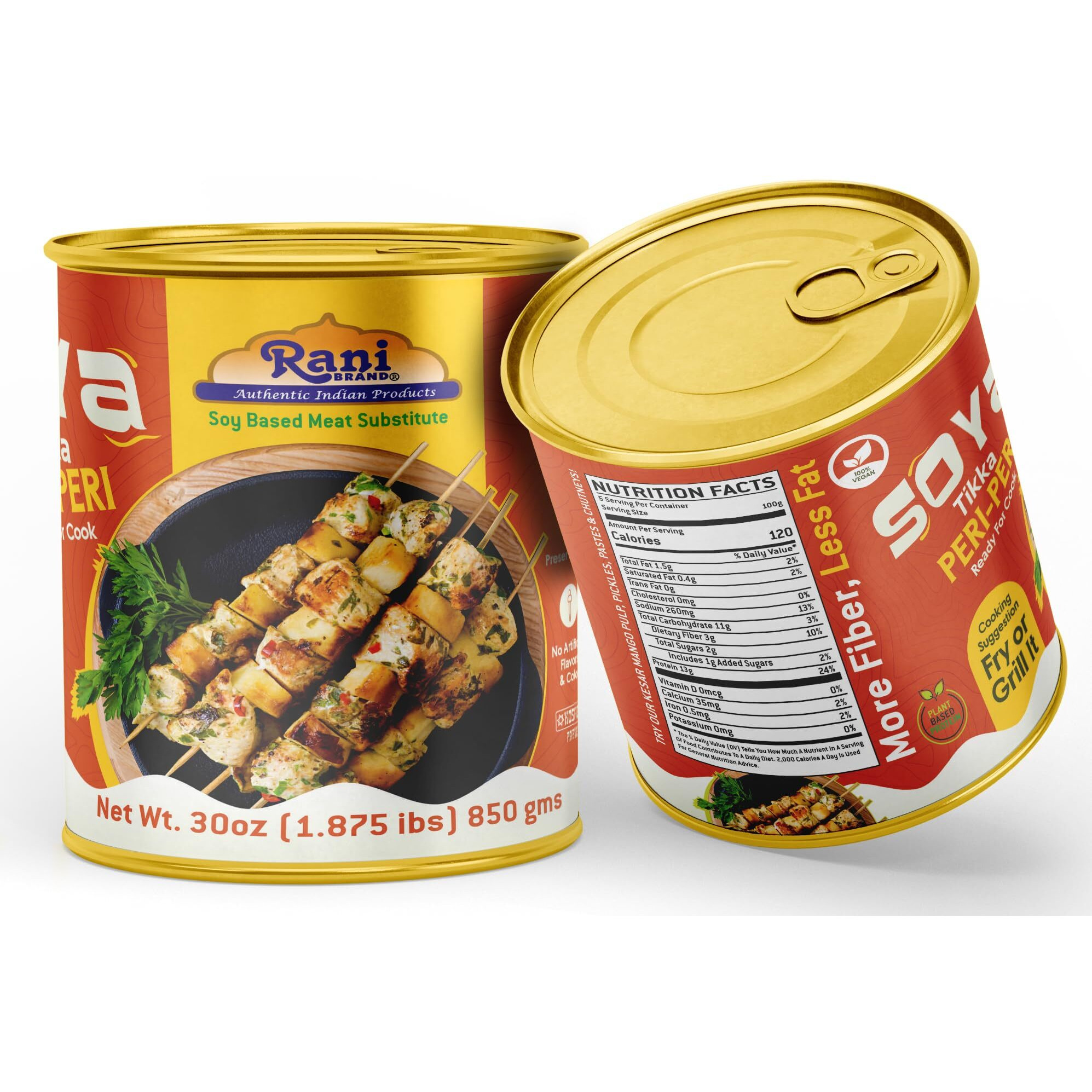 Rani Soya Tikka Peri-Peri 30oz (1.875lbs) 850g, Pack of 2, Ready for Cook ~ Easy Open Lid, All Natural, Vegan, No Colors, NON-GMO, Kosher, Indian Origin, Soy Based Meat Substitute (Size 30oz (1.875lbs) 850g)