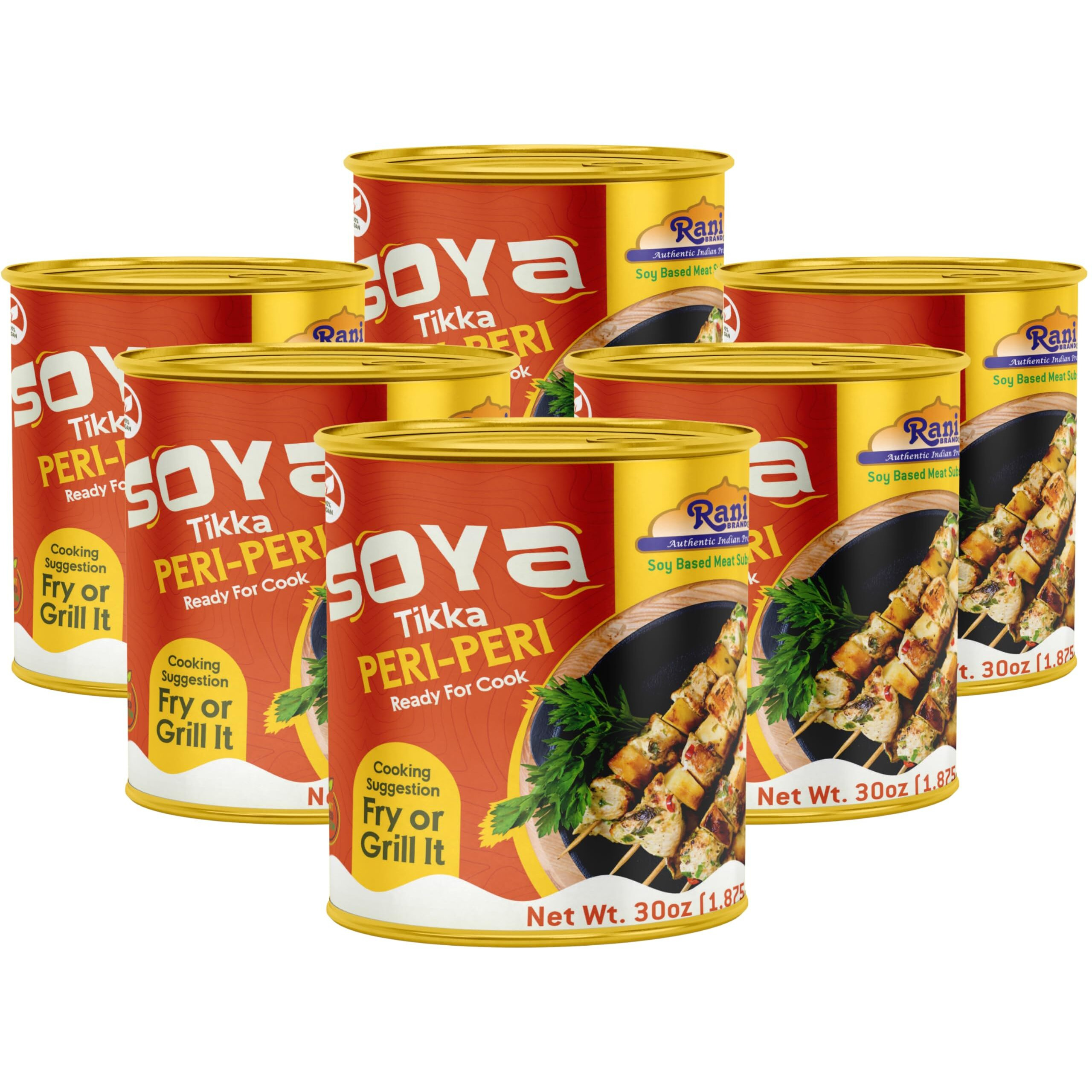 Rani Soya Tikka Peri-Peri 30oz (1.875lbs) 850g, Pack of 6, Ready for Cook ~ Easy Open Lid, All Natural, Vegan, No Colors, NON-GMO, Kosher, Indian Origin, Soy Based Meat Substitute (Size 30oz (1.875lbs) 850g)