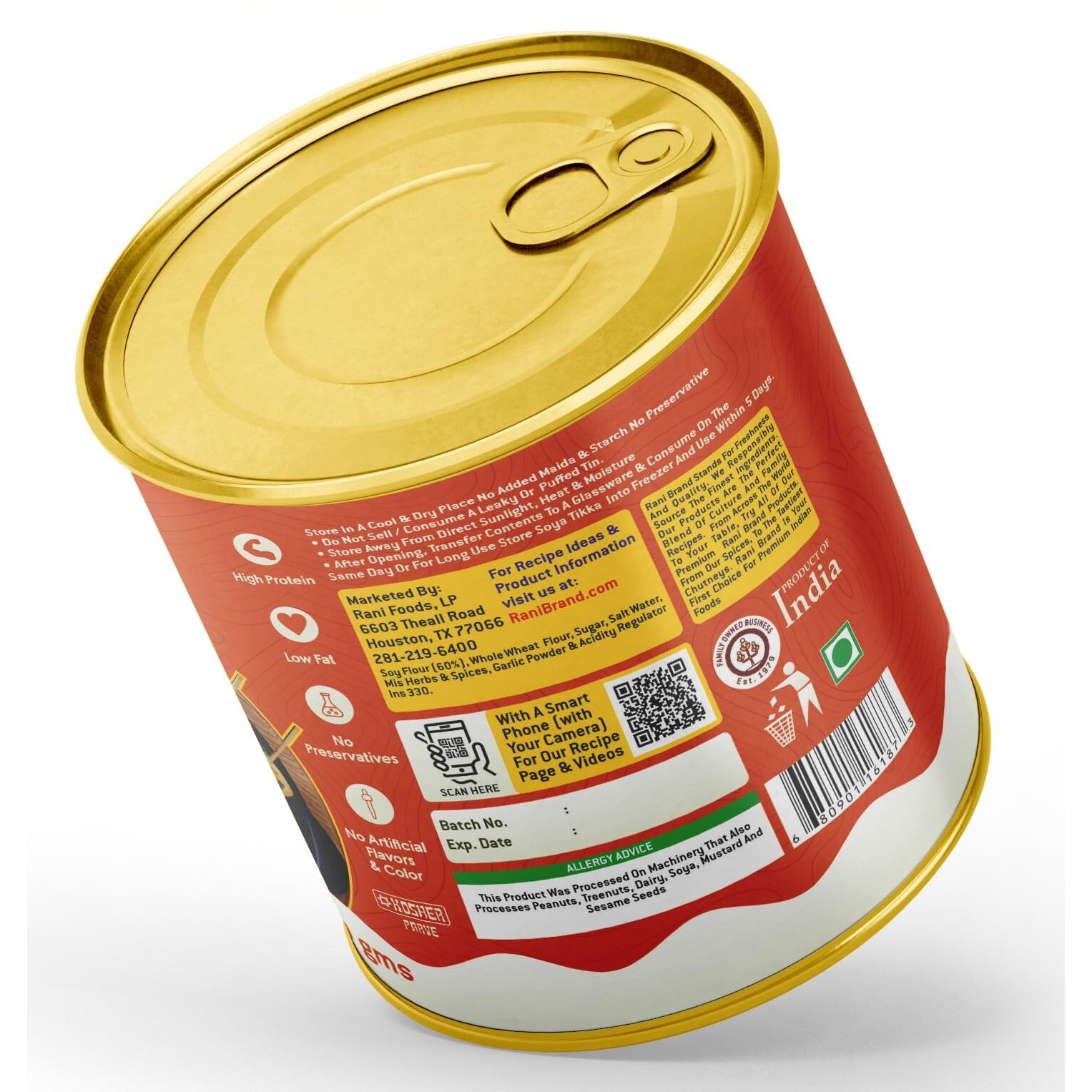 Rani Soya Tikka Peri-Peri 30oz (1.875lbs) 850g, Pack of 6, Ready for Cook ~ Easy Open Lid, All Natural, Vegan, No Colors, NON-GMO, Kosher, Indian Origin, Soy Based Meat Substitute (Size 30oz (1.875lbs) 850g)