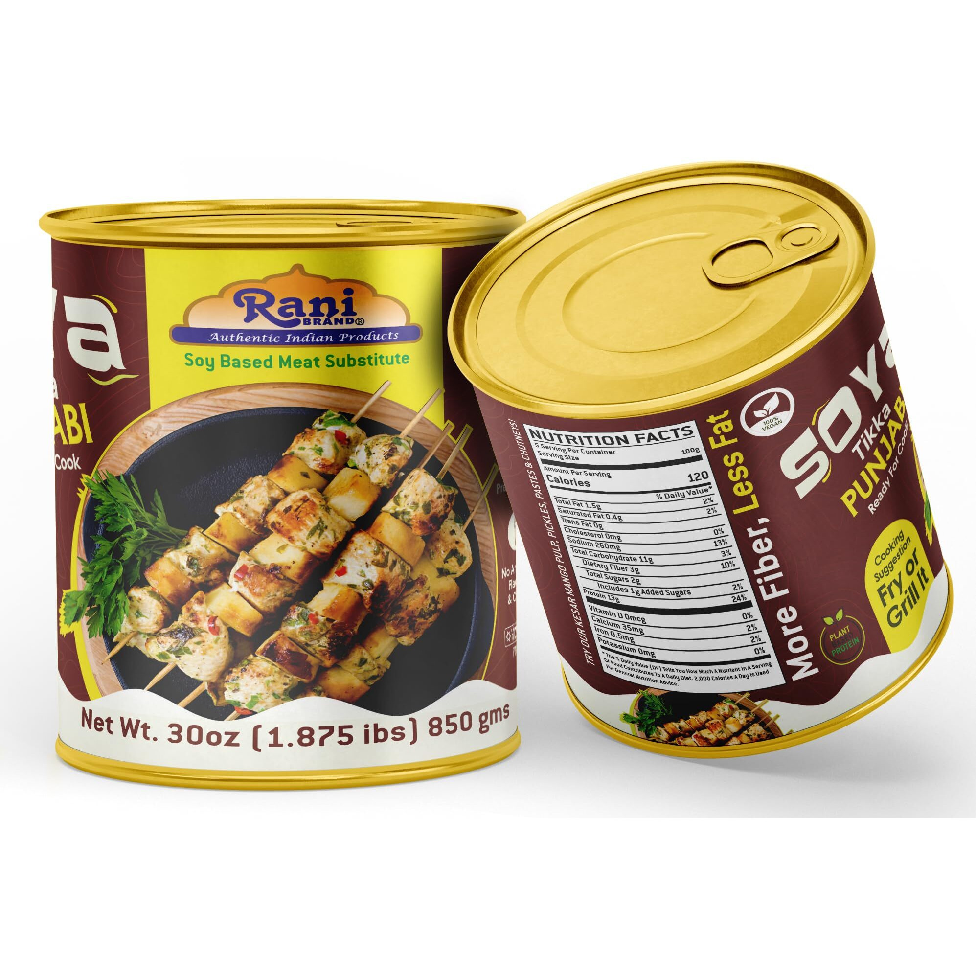 Rani Soya Tikka Punjabi 30oz (1.875lbs) 850g, Pack of 2, Ready for Cook ~ Easy Open Lid, All Natural, Vegan, No Colors, NON-GMO, Kosher, Indian Origin, Soy Based Meat Substitute (Size 30oz (1.875lbs) 850g)