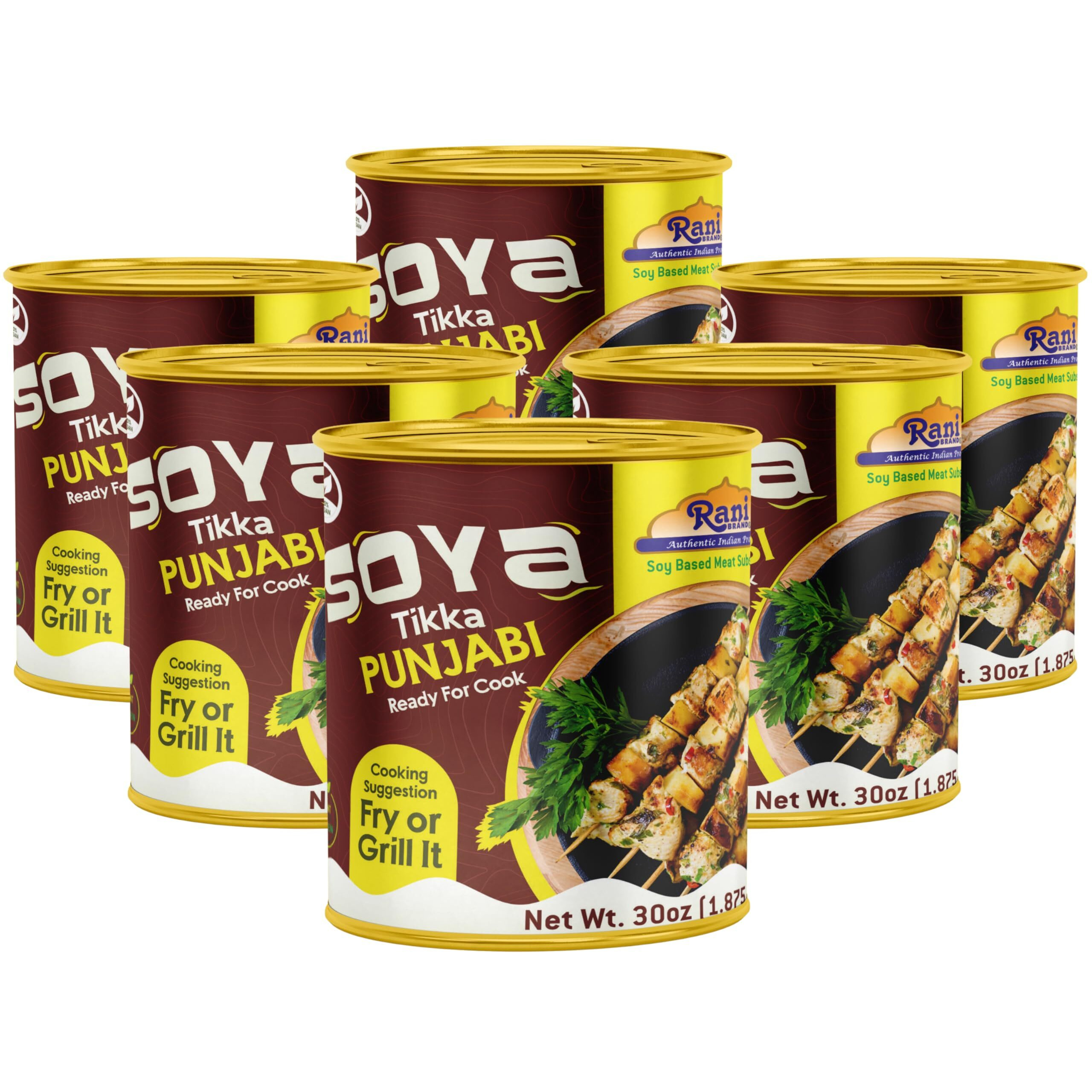 Rani Soya Tikka Punjabi 30oz (1.875lbs) 850g, Pack of 6, Ready for Cook ~ Easy Open Lid, All Natural, Vegan, No Colors, NON-GMO, Kosher, Indian Origin, Soy Based Meat Substitute (Size 30oz (1.875lbs) 850g)