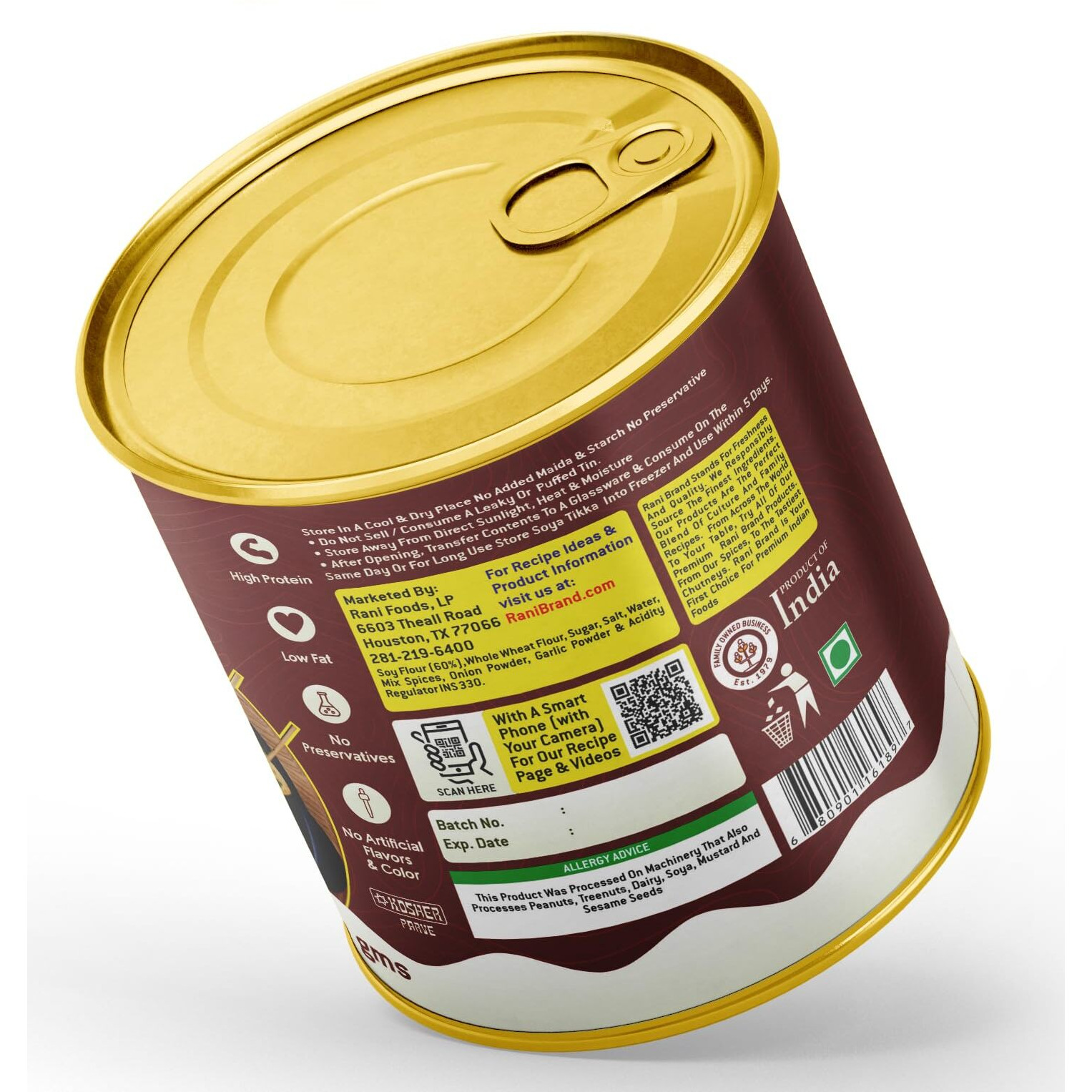 Rani Soya Tikka Punjabi 30oz (1.875lbs) 850g, Pack of 6, Ready for Cook ~ Easy Open Lid, All Natural, Vegan, No Colors, NON-GMO, Kosher, Indian Origin, Soy Based Meat Substitute (Size 30oz (1.875lbs) 850g)