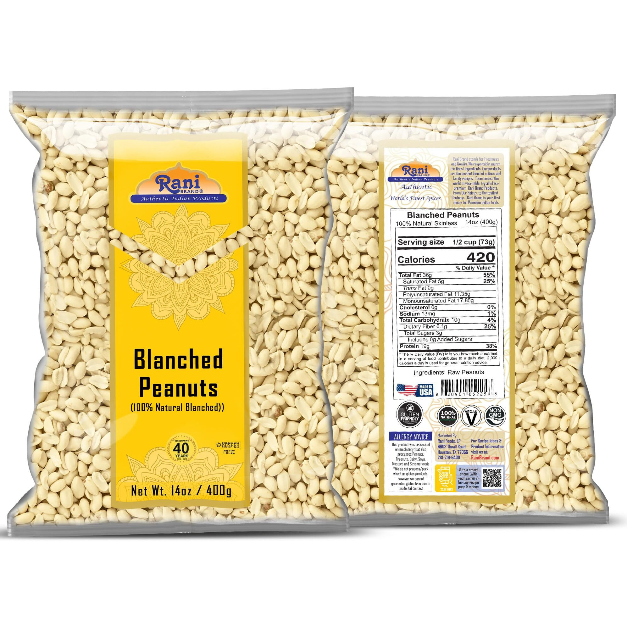 Rani Peanuts Skinless (Blanched, Uncooked) 14oz (400g) ~ All Natural, Vegan, Gluten Friendly, Kosher, Fresh Product of USA ~ Spanish Grade Groundnuts