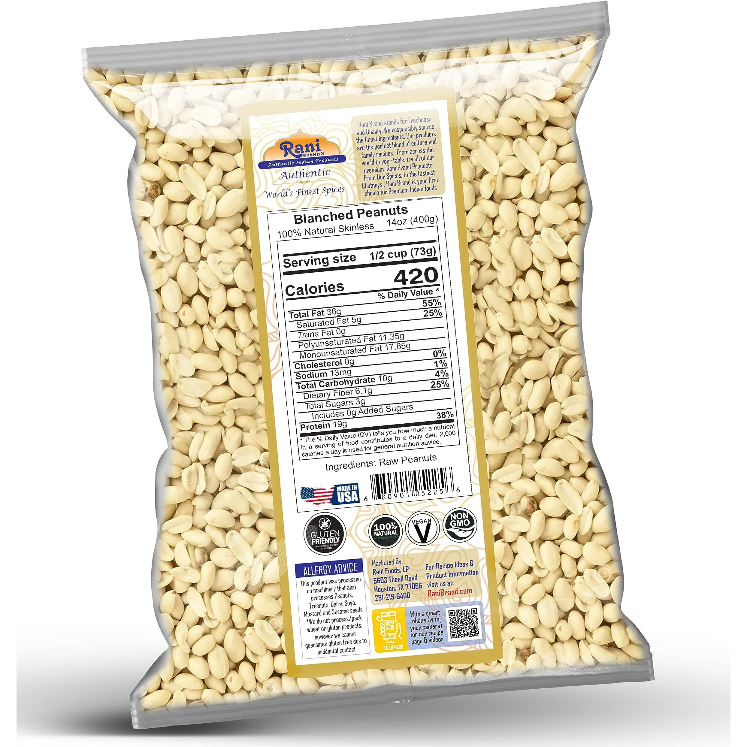 Rani Peanuts Skinless (Blanched, Uncooked) 14oz (400g) ~ All Natural, Vegan, Gluten Friendly, Kosher, Fresh Product of USA ~ Spanish Grade Groundnuts