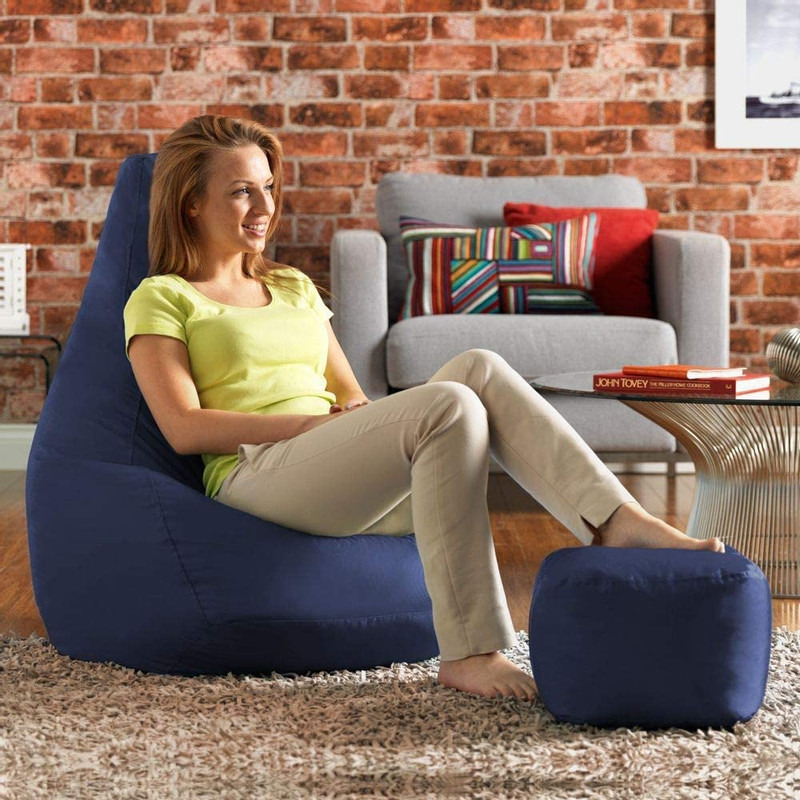 Ink Craft Classic High-Back Faux Leather Bean Bag Storage Chair Cover with Foot Stool, Beanless, Ultra Soft, Durable for Outdoor and Indoor Purpose (Size: XXL, Color: BLUE)