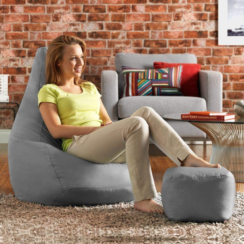 Ink Craft Classic High-Back Faux Leather Bean Bag Storage Chair Cover with Foot Stool, Beanless, Ultra Soft, Durable for Outdoor and Indoor Purpose (Size: XXXL, Color: GREY)
