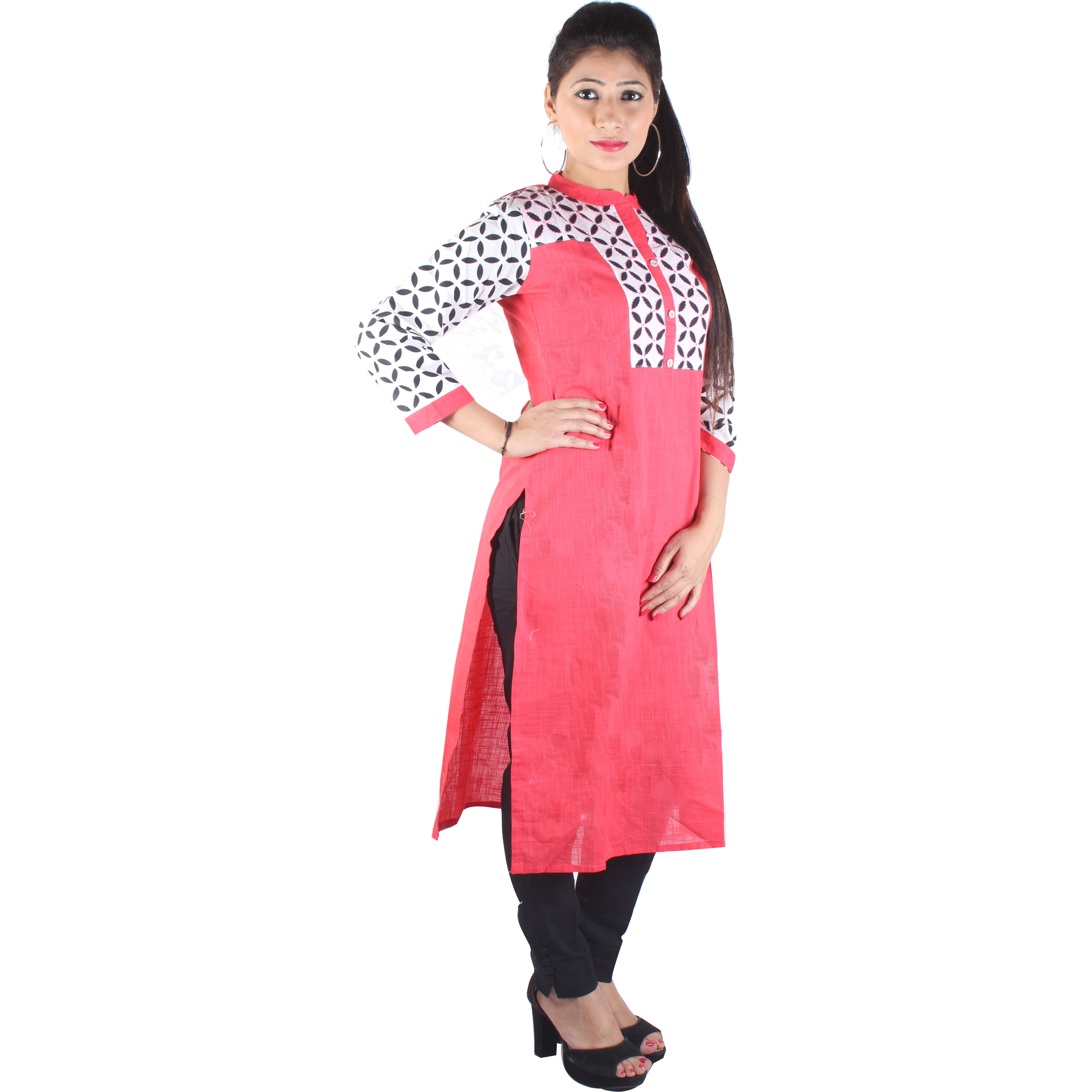 Pink and White Kurta with Front Kantha Embroidry Highlights