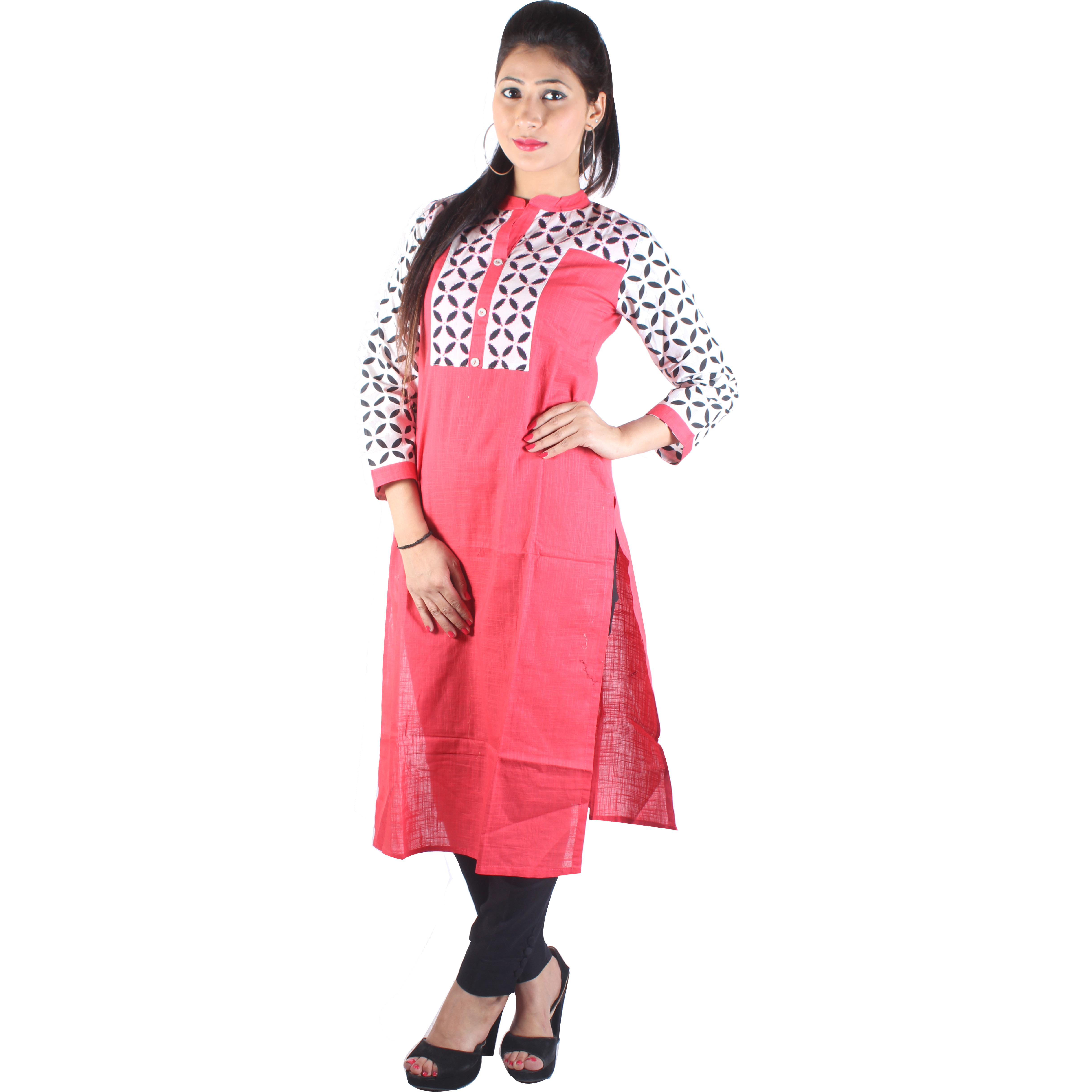 Pink and White Kurta with Front Kantha Embroidry Highlights