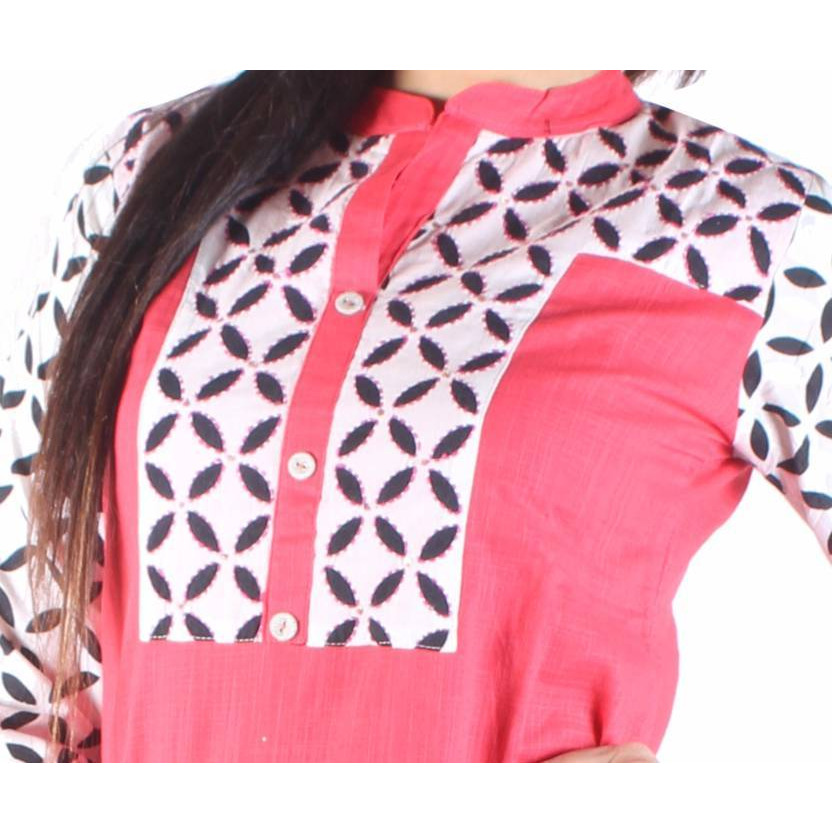 Pink and White Kurta with Front Kantha Embroidry Highlights