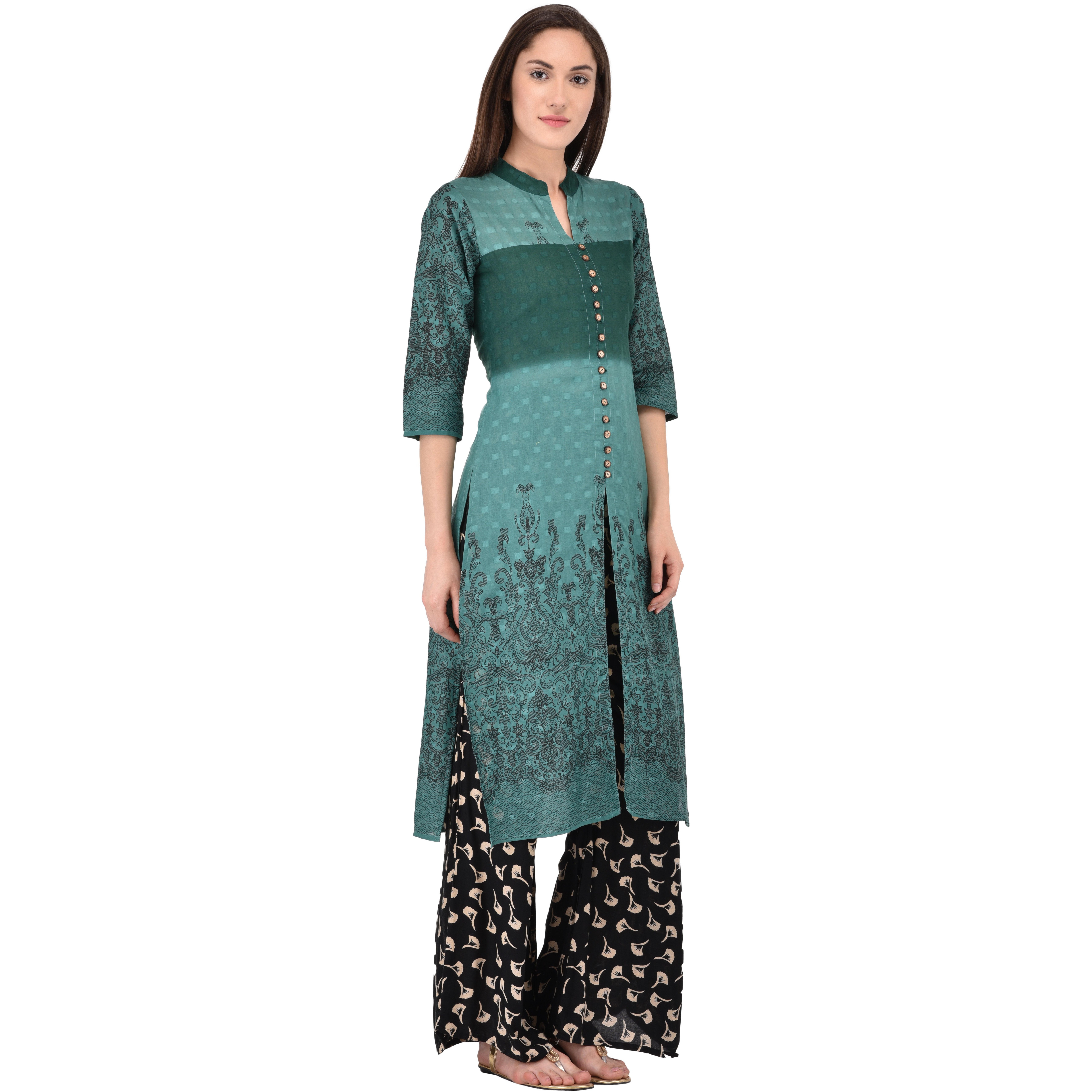 Purpliciou Formal Green Printed Aumbray Kurta with Button details