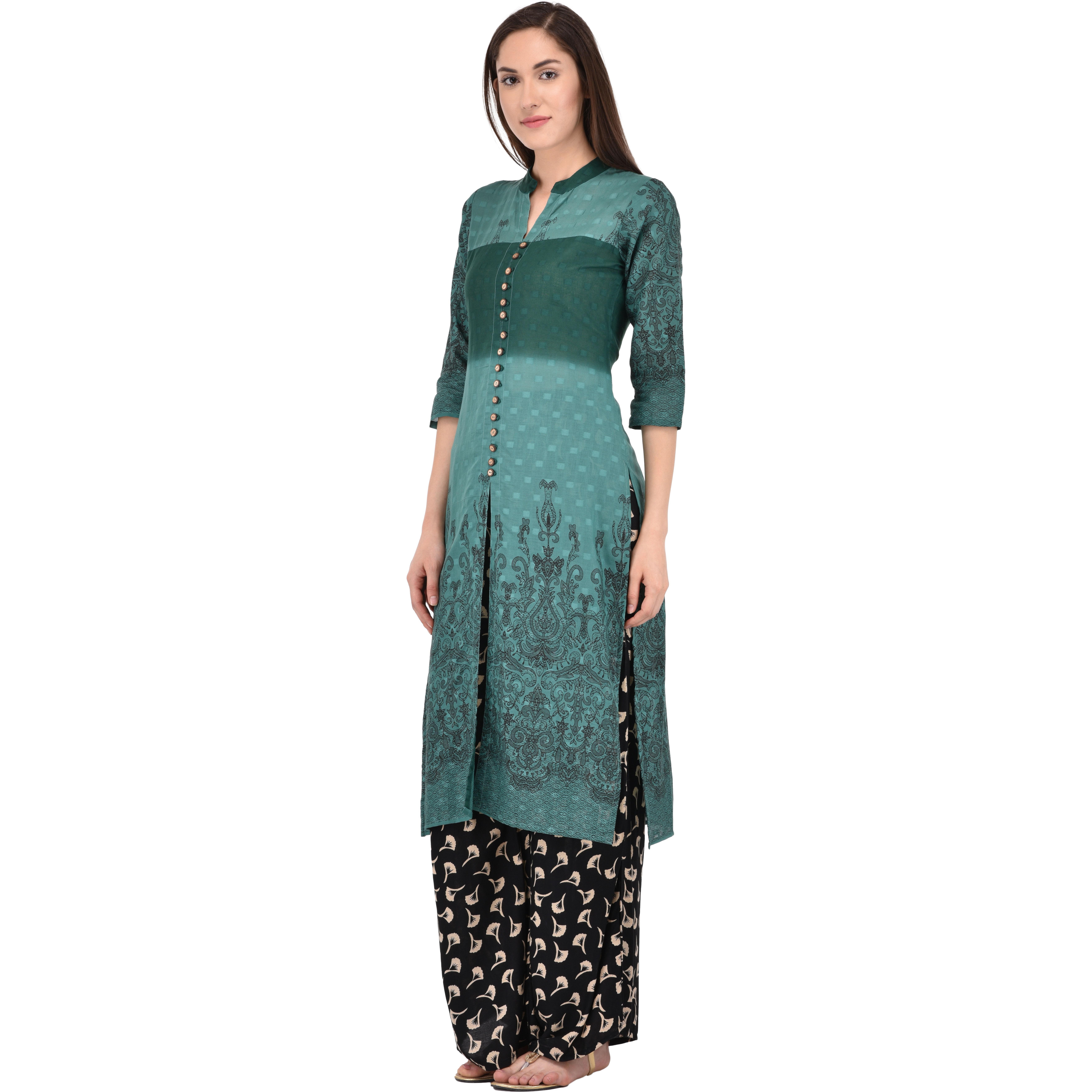 Purpliciou Formal Green Printed Aumbray Kurta with Button details