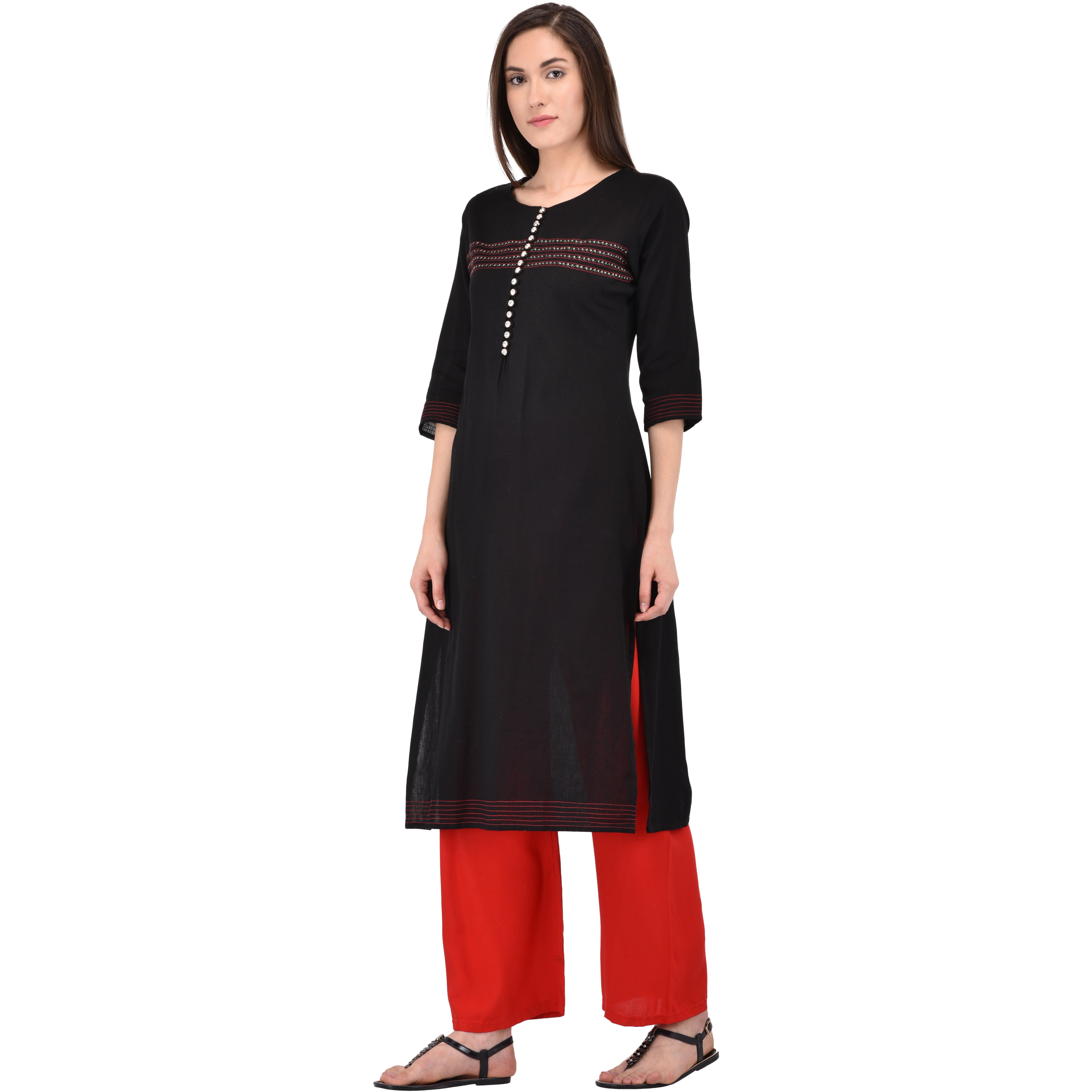 Purplicious Black Embroidered Rayon A-line Kurta
