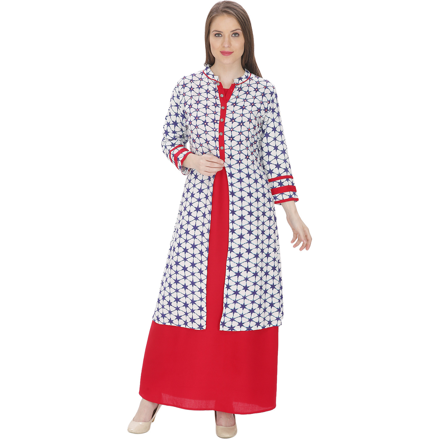 Purplicious Red and Grey Mirror Work Floor Lenth Dress