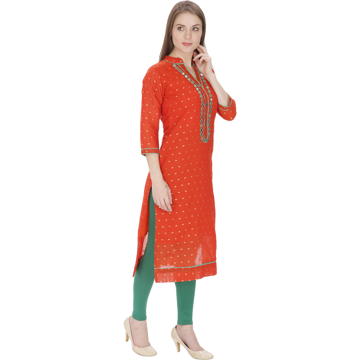 Purplicious Casual Orange Chanderi Kurta with Mirror Work Details