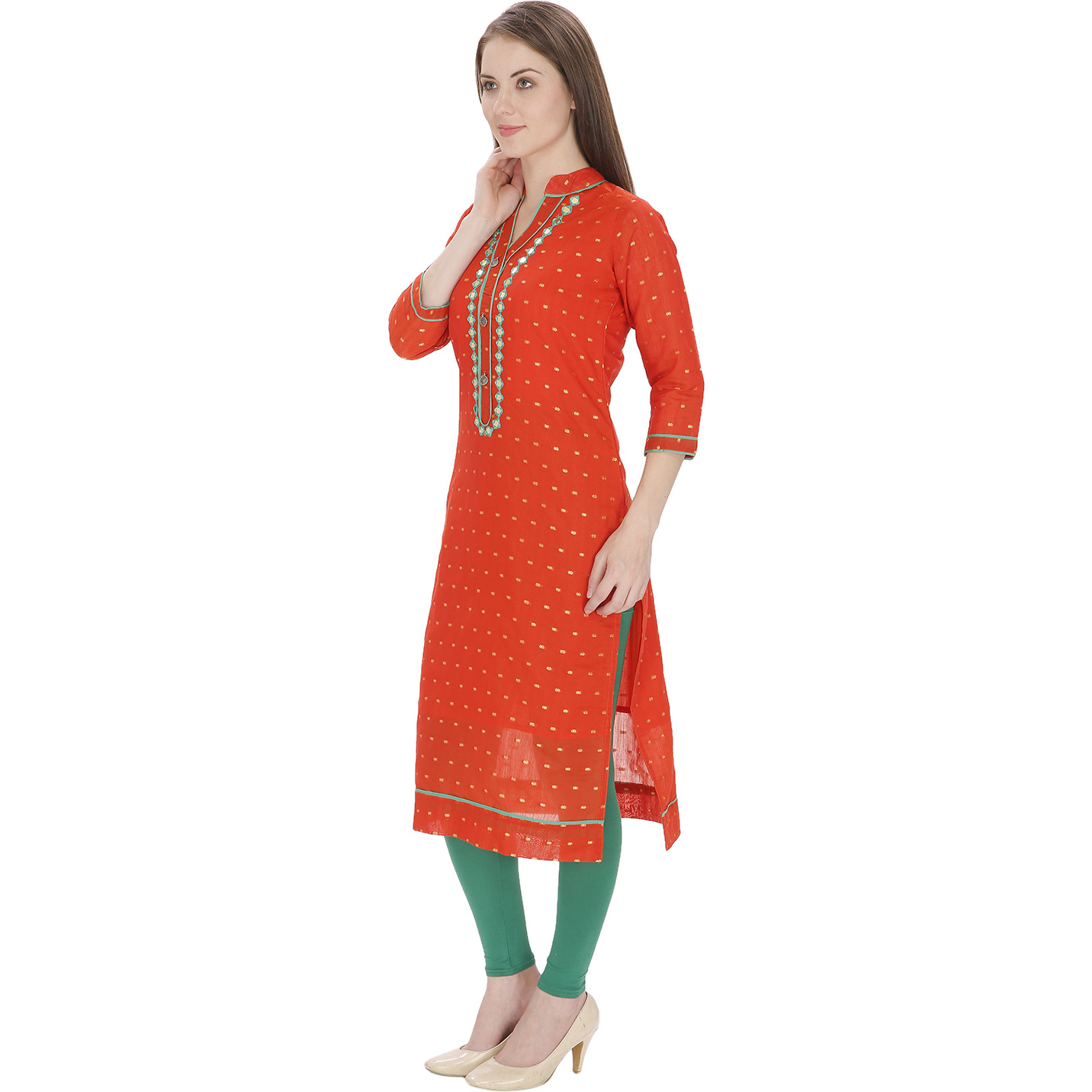 Purplicious Casual Orange Chanderi Kurta with Mirror Work Details