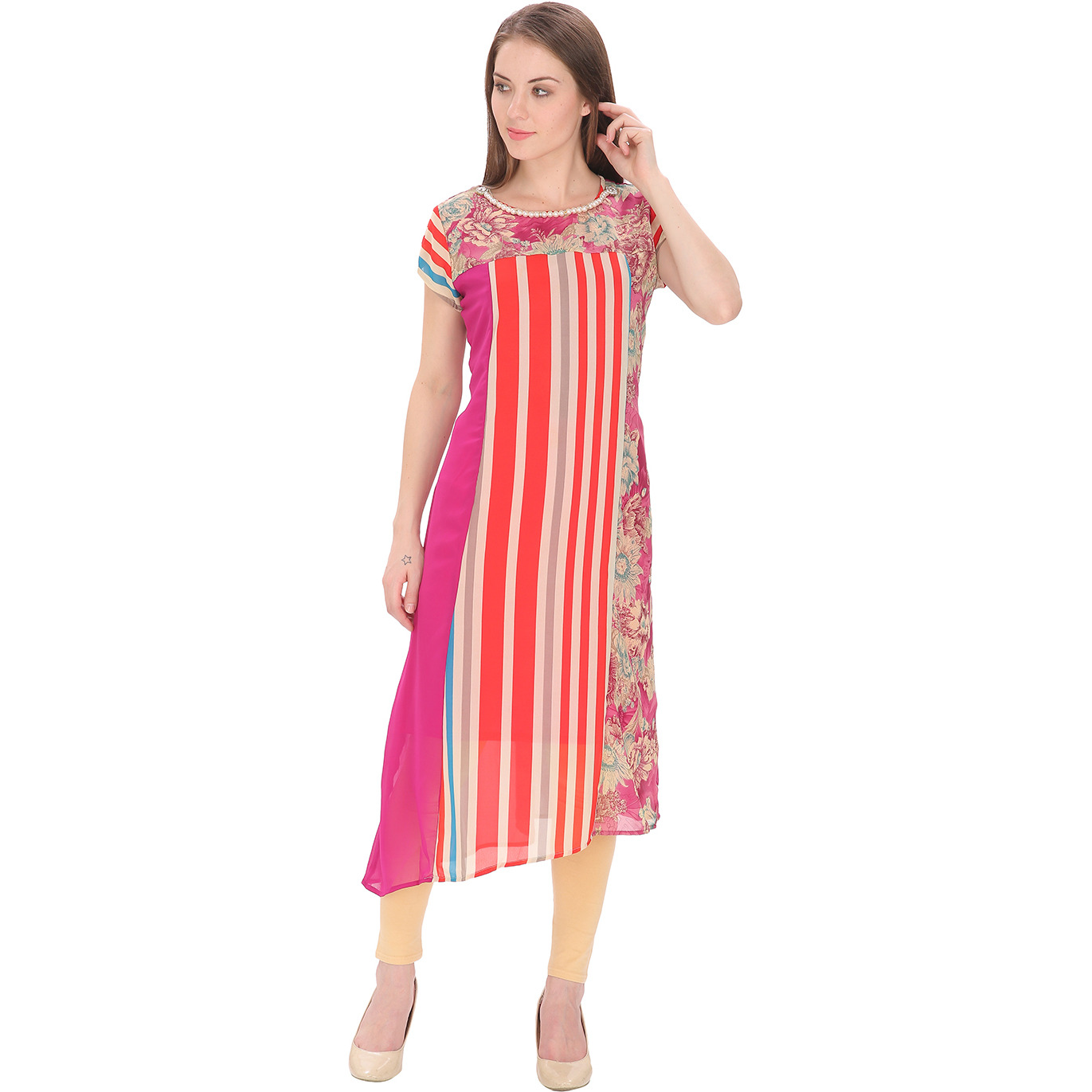 Purplicious Pink Printed with Stripes Details in Front with Pearls on Neck