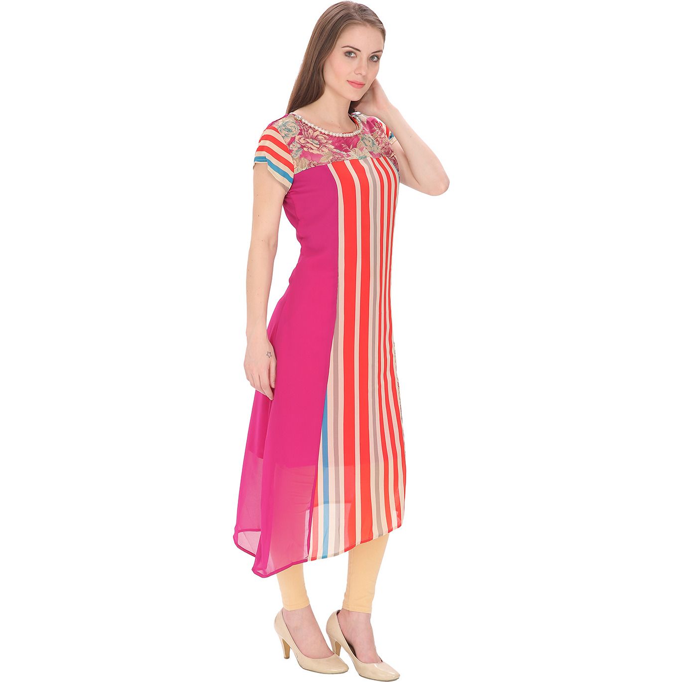 Purplicious Pink Printed with Stripes Details in Front with Pearls on Neck