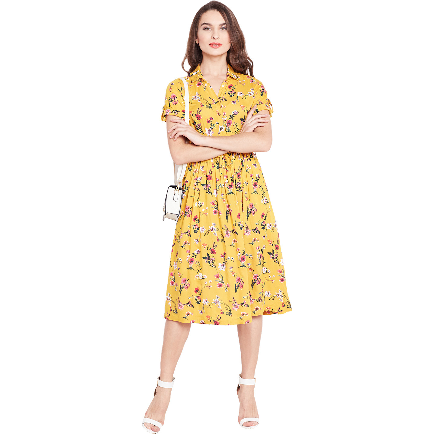 Purplicious Mustard Yellow Floral Fit and Flare Dress