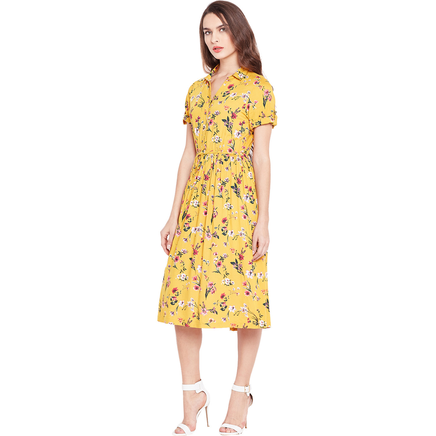 Purplicious Mustard Yellow Floral Fit and Flare Dress