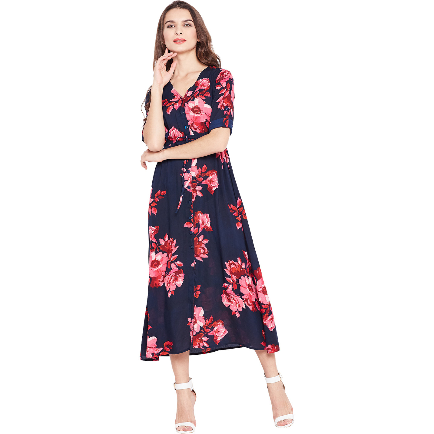 Purplicious Navy Blue maxi dress with Pink Flowars